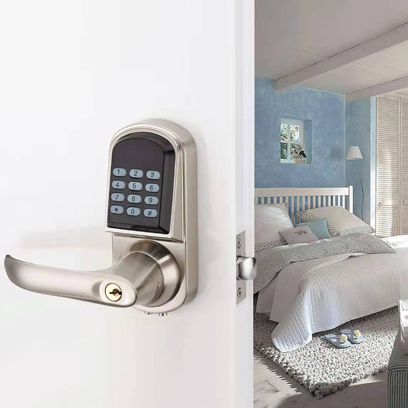 Smart Keyless Entry Auto-Lock Door Handle with Keypad & FOB Card - Left Handed Installation for Front Door Security | Perfect for Homes, Apartments & Vacation Rentals