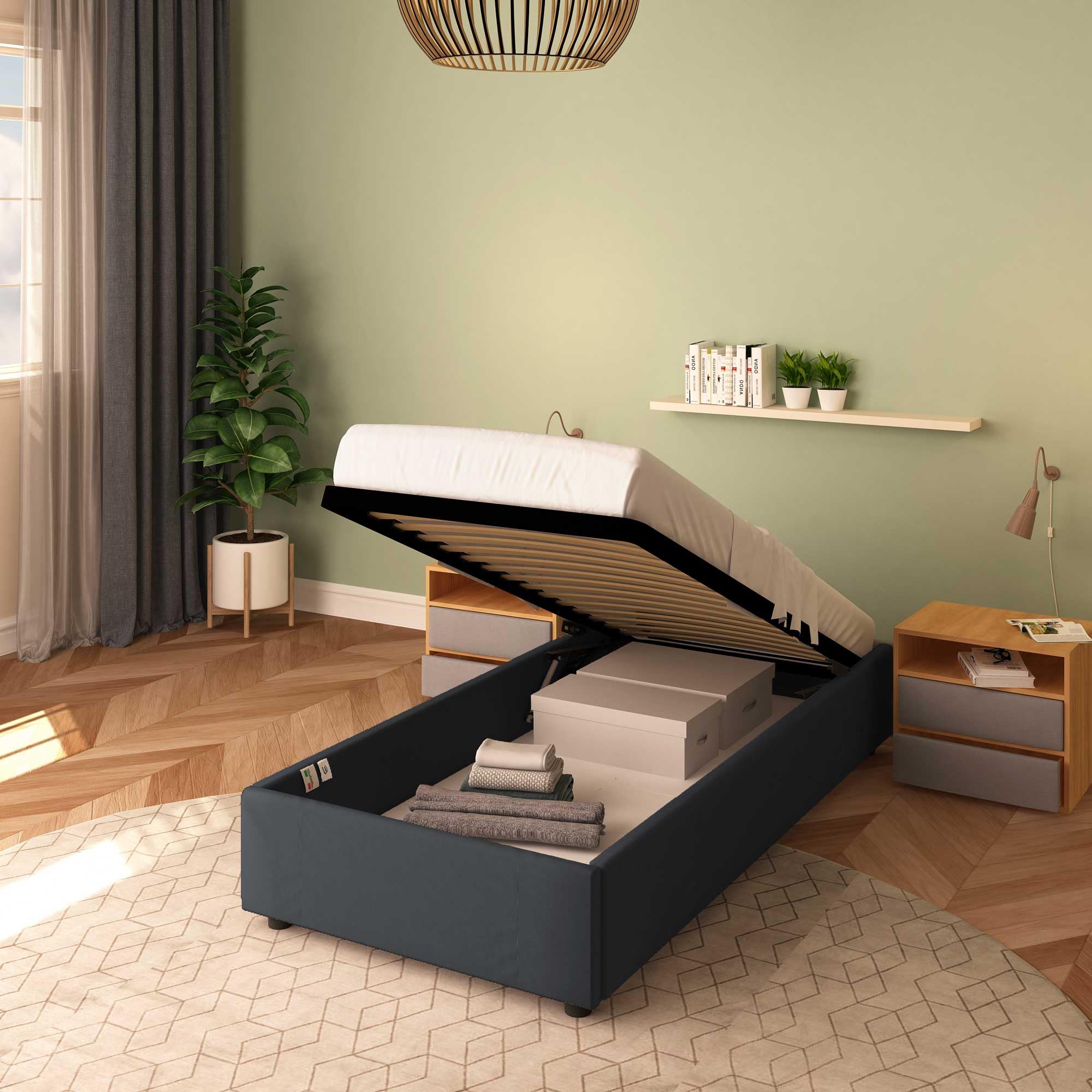 Baldiflex Cloe Square and Half Bed Frame with Storage, Fabric Upholstery, No Headboard, Slatted Base for Mattresses, 100 x 200 cm, Graphite Gray - Perfect for Small Bedrooms, Guest Rooms & Modern Apartments