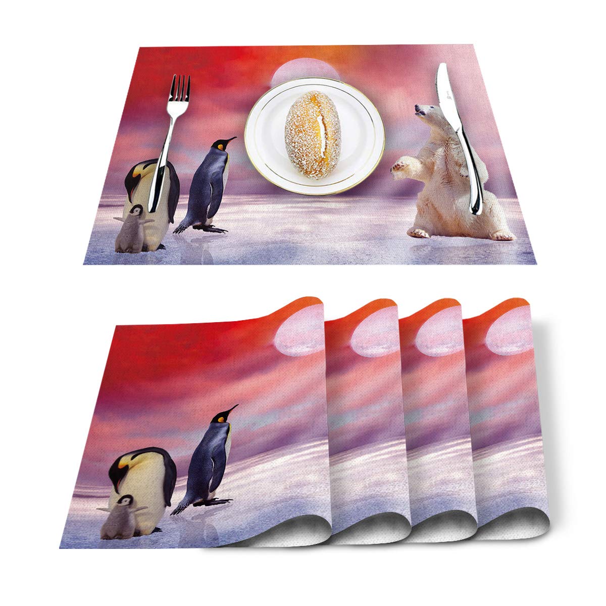 Moon Penguin Bear Artwork Placemats Set of 4 - Cotton Linen Heat Resistant Non-Slip Washable Table Mats for Holiday Banquet, Dining & Kitchen Decor | Perfect for Christmas Dinner, Thanksgiving Table Setting & Home Decoration