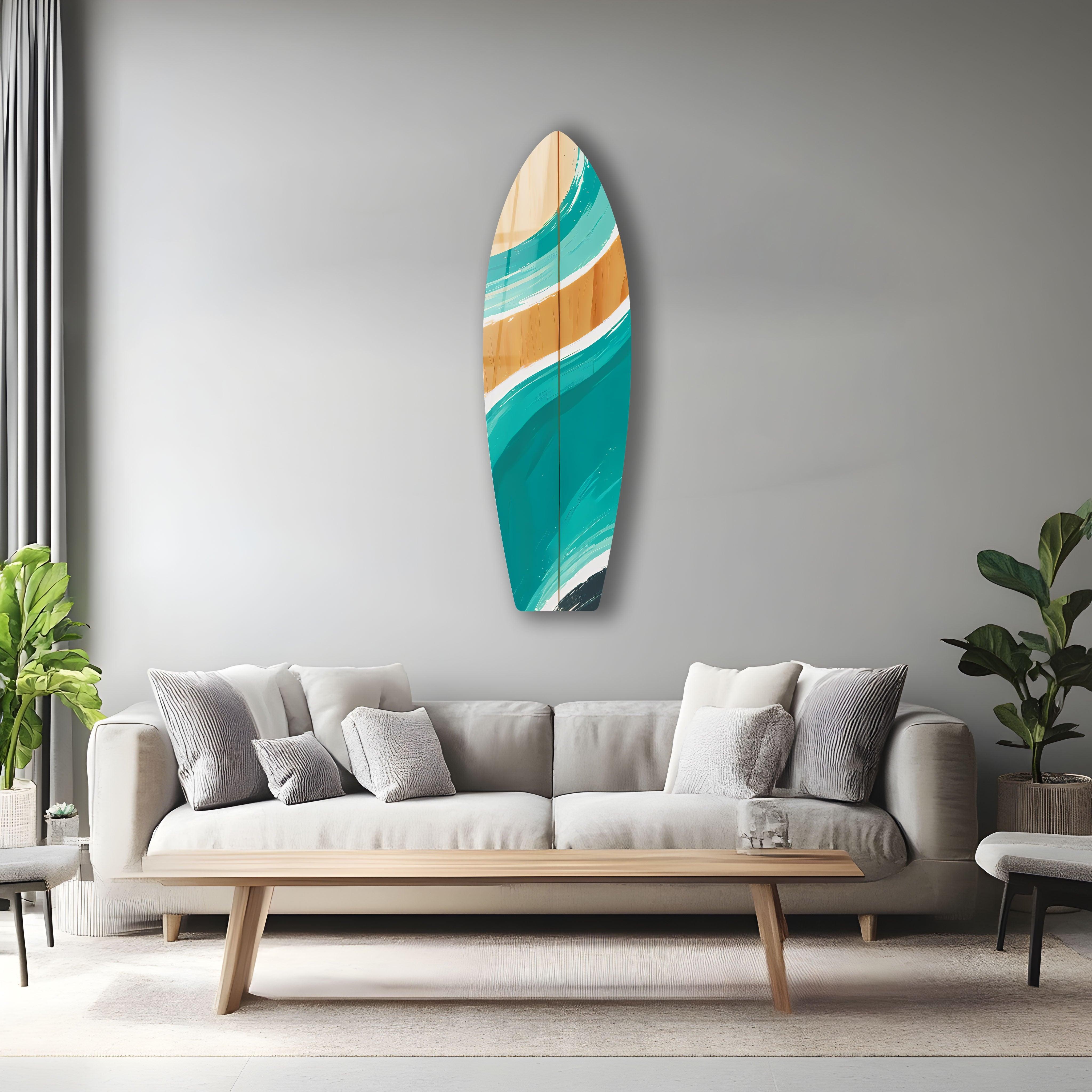 Blue and Brown Surfboard Wall Art Decor - Coastal Beach Theme Surfing Print for Living Room, Bedroom, or Office