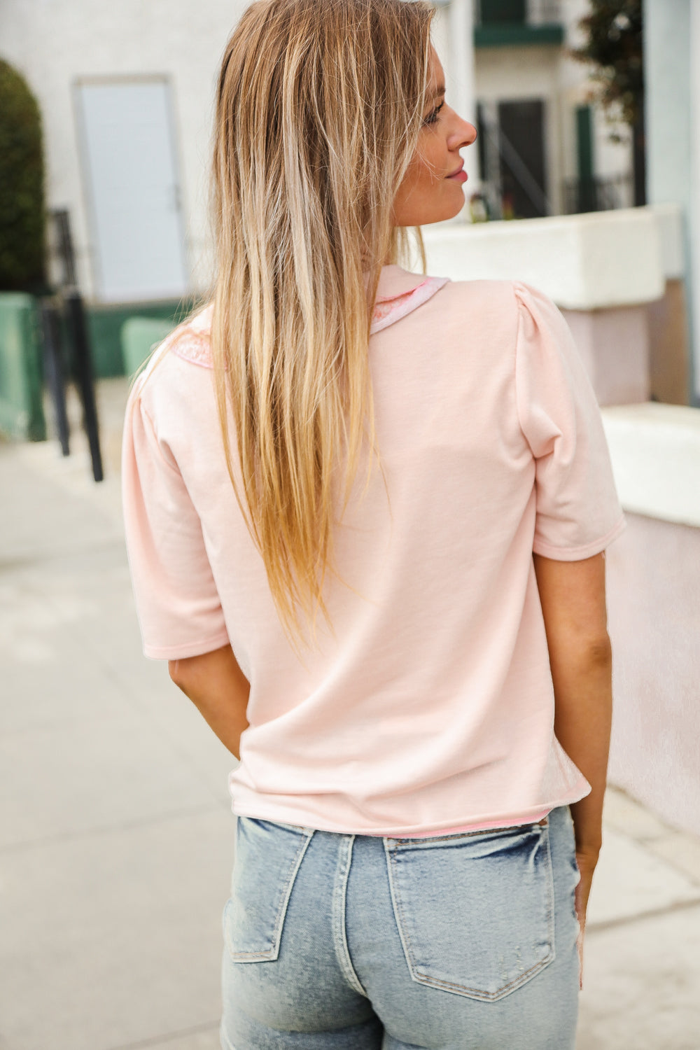 New Day Blush Flat Collar Floral French Terry Blouse - Women's Elegant Casual Top for Work & Weekend Outings