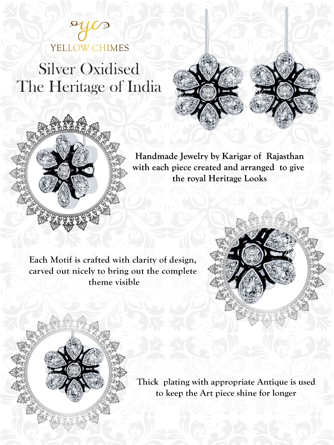 Oxidized Silver Floral Drop Earrings for Women – White Stone Studded Traditional German Silver Jewelry | Elegant Yellow Chimes Dangle Earrings for Girls & Women | Perfect Birthday Gift, Anniversary Present for Wife | Ideal for Parties, Weddings & Casual Wear