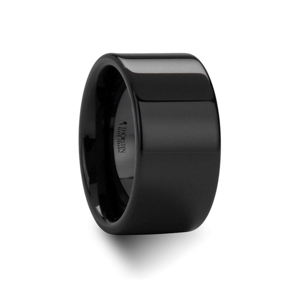 FRAENER Black Ceramic Wedding Ring for Men - 12mm Wide Polished Pipe Cut Wedding Band - Durable & Comfortable for Everyday Wear, Anniversary, and Special Occasions