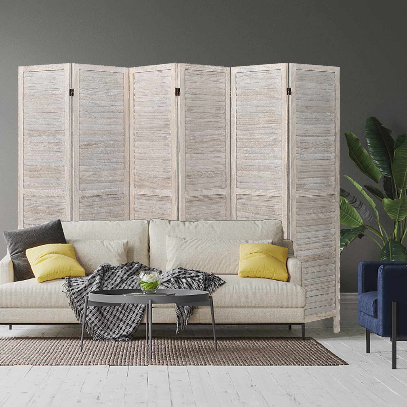 ECOMEX 6 Panel Wood Room Divider - 5.6Ft Tall Folding Privacy Screen with Louvered Design - Freestanding Partition for Home Office, Restaurant & Bedroom (White) | Perfect for Space Division, Room Separation & Decoration