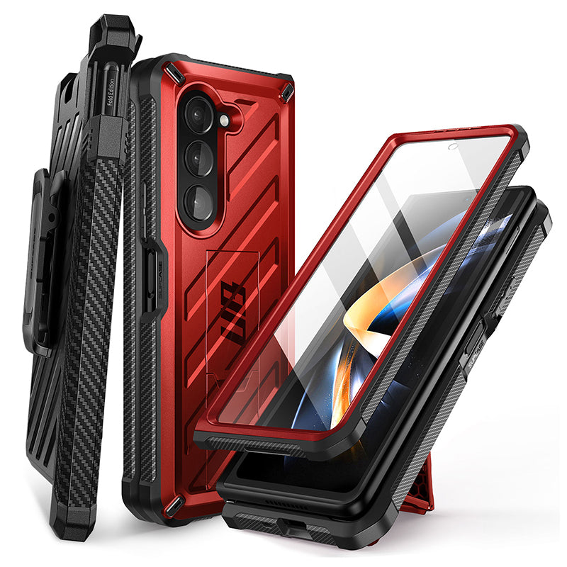 Samsung Galaxy Z Fold 5 Case with Kickstand & Screen Protector - Unicorn Beetle Pro Series, Shockproof Metallic Red | Perfect for Work, Travel & Everyday Protection