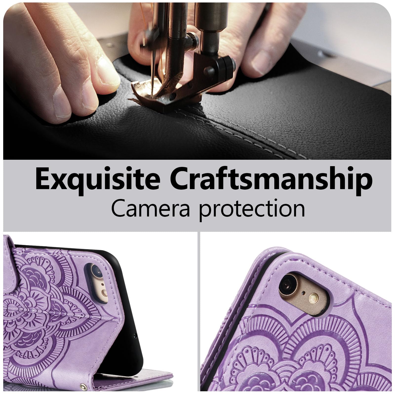 EYZUTAK Premium Leather Mandala Flip Wallet Case for iPhone SE (2022/5G), iPhone 7, iPhone 8, iPhone SE (2020) - Slim Magnetic Stand Cover with Card Slots & Lanyard, Embossed Purple Design - Perfect for Daily Use, Travel, and Business Meetings