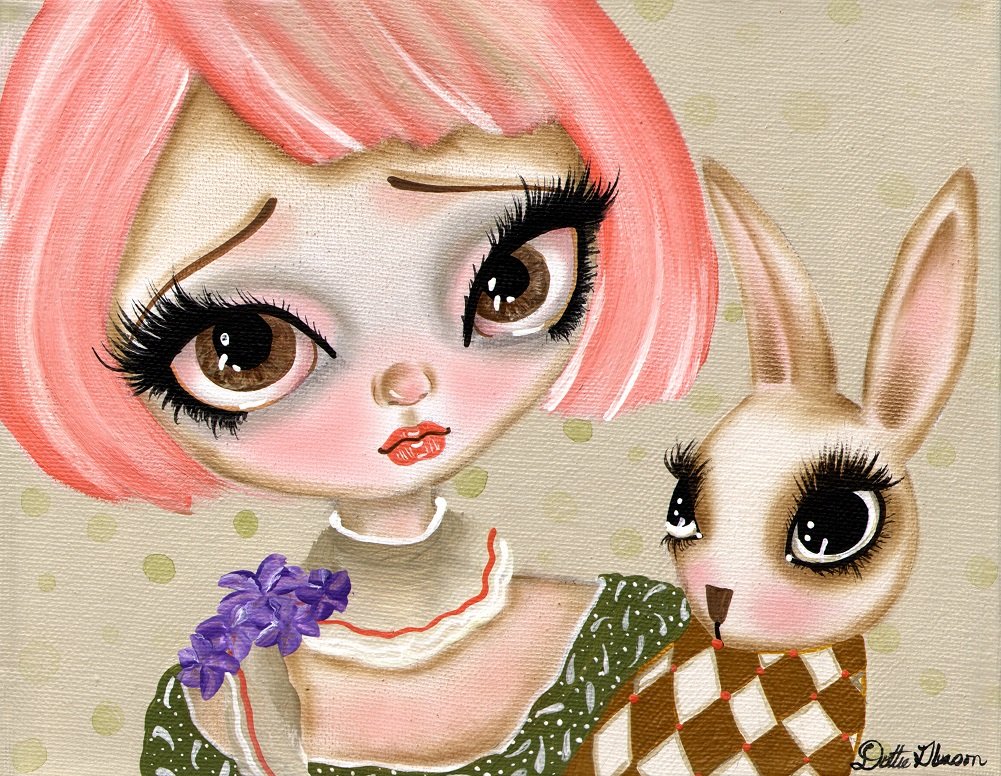 Dottie Gleason Pink Girl & Rabbit Framed Fine Art Print - Precious Love No.2 - Romantic Nursery Decor, Baby Girl Room Wall Art, Vintage Style Painting for Children's Bedroom