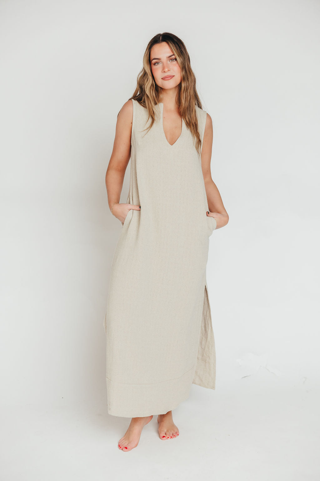 How Sweet It Is Sleeveless Linen Blend Maxi Dress in Sand - Bump Friendly Maternity Wear for Summer Beach Vacations & Casual Outings