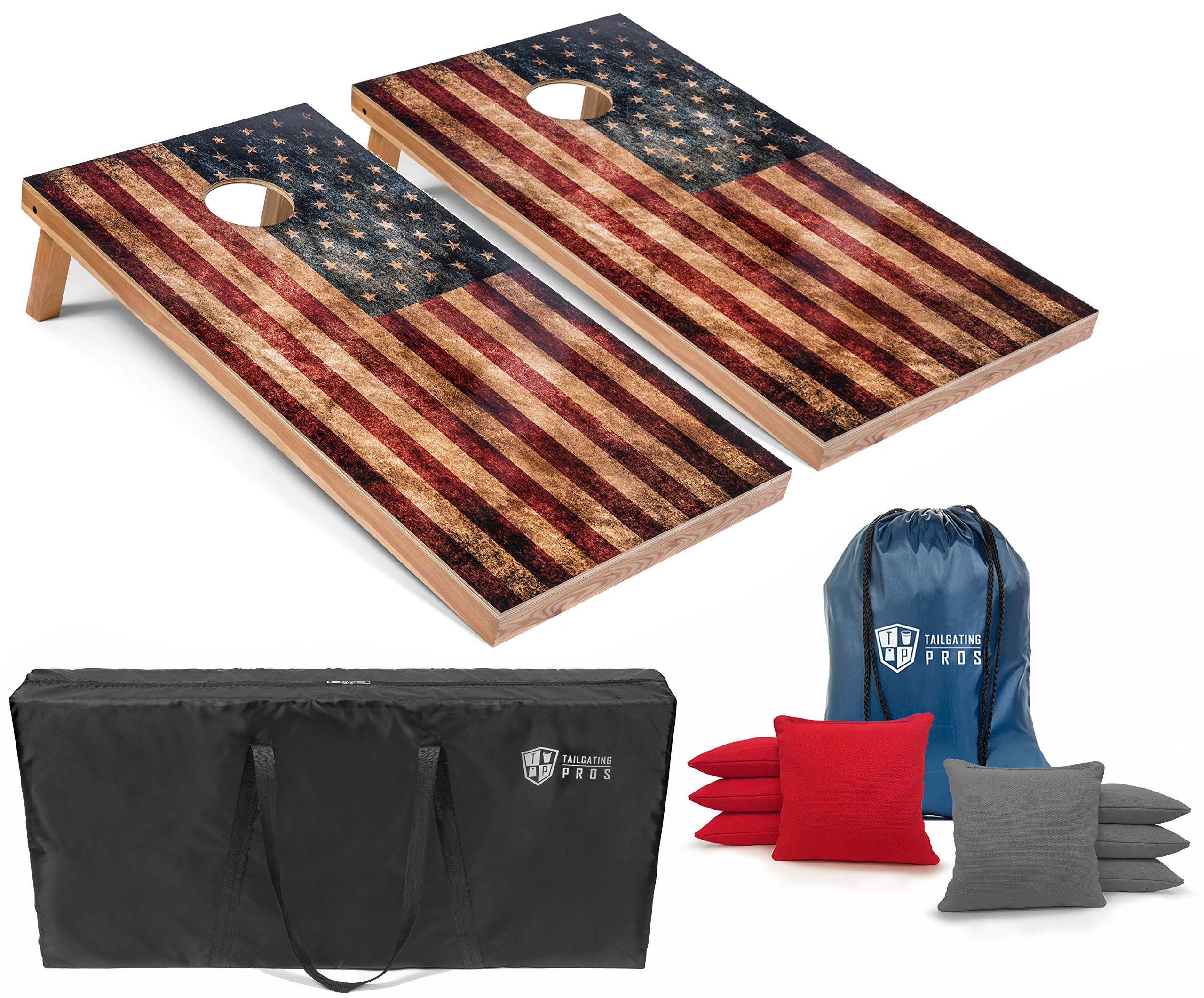 Premium 4'x2' Rustic American Flag Cornhole Boards Set with Tournament-Grade Bean Bags & Carrying Case - Outdoor Party, Tailgating, Backyard BBQ Game for Adults & Family Fun