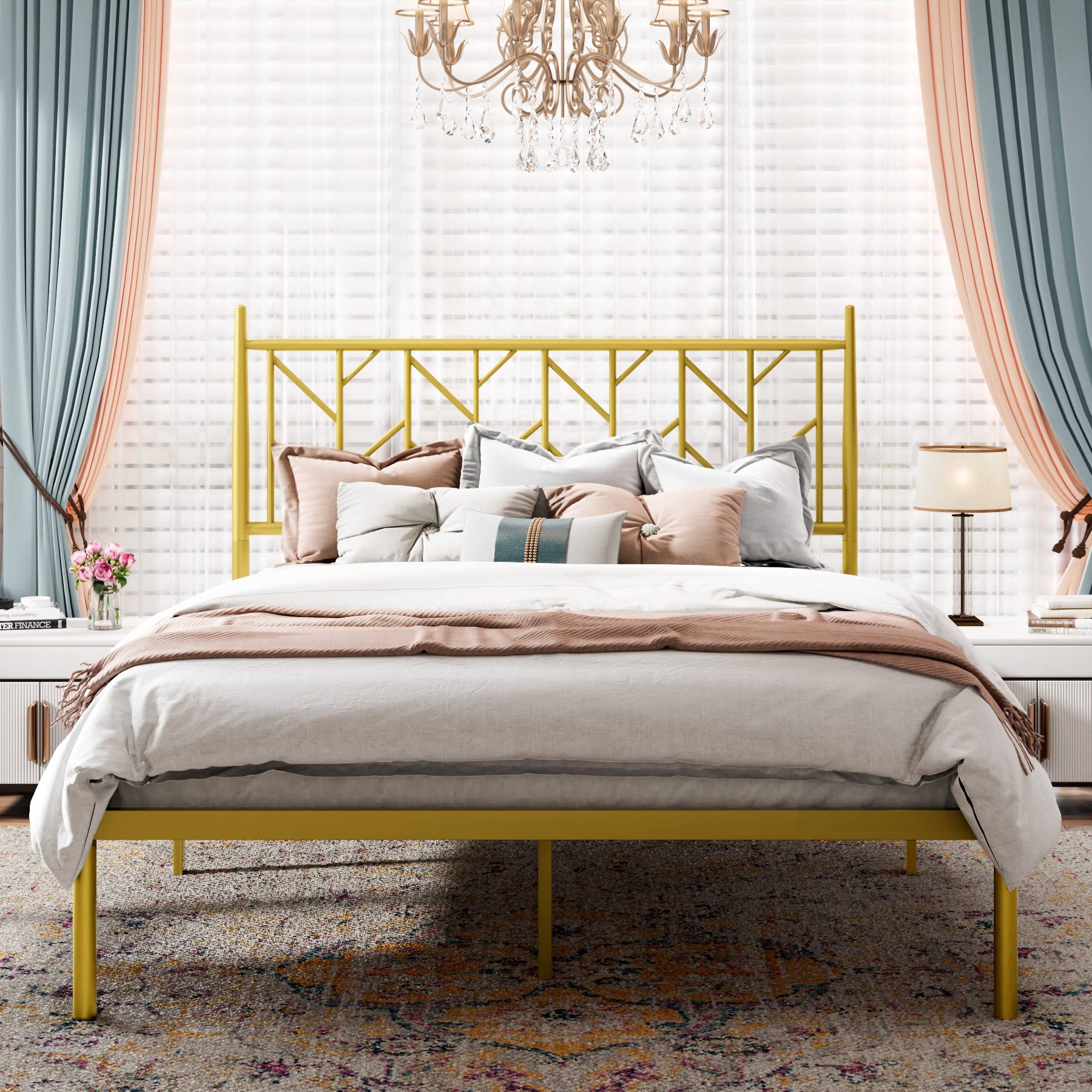 Vintage Gold Metal Queen Size Platform Bed Frame with Headboard - Sturdy Steel Slat Support, Noise-Free Mattress Foundation (No Box Spring Needed) - Perfect for Modern Bedrooms, Guest Rooms & Apartment Decor
