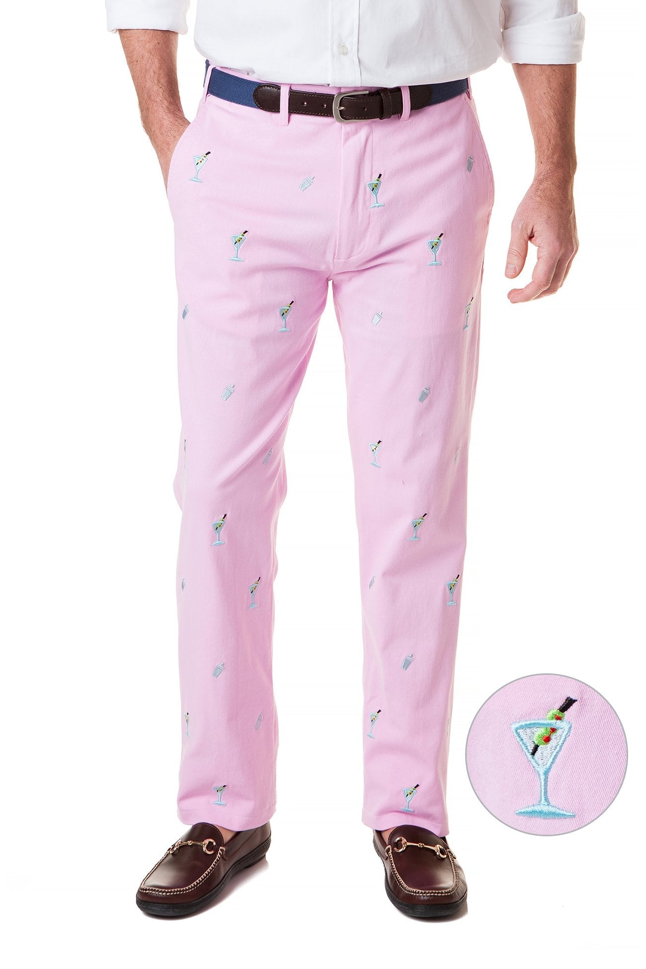 Stretch Twill Harbor Pant in Pink with Martini & Shaker Print - Comfortable Women's Casual Pants for Work, Cocktail Parties & Everyday Wear