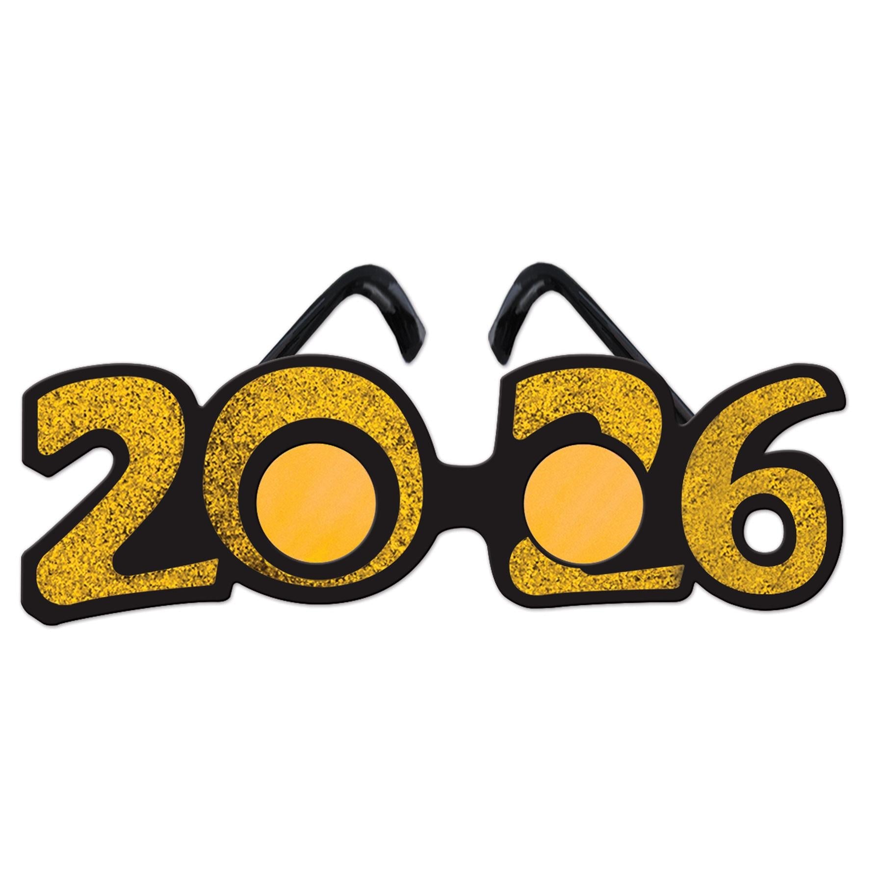12 Pack Beistle 2026 Glittered Plastic Eyeglasses - Gold New Year Party Glasses for Celebrations, Events & Festive Occasions
