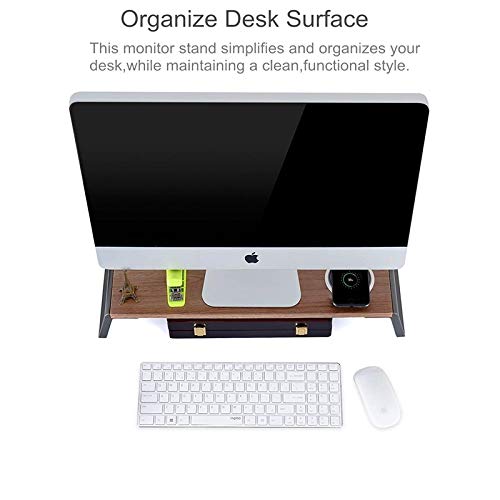 Premium Metal Monitor Stand Riser for iMac & MacBook - Space-Saving Dark Wood Grain Laptop Accessory with Sturdy Platform - Perfect for Home Office, Gaming Setup & Workspace Organization (Black)