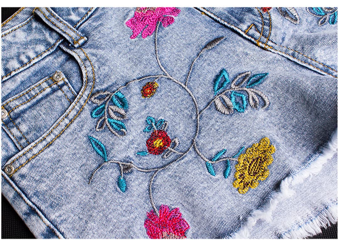Women's High Waist Embroidered Flower Denim Shorts - Summer Fashion Short Jeans for Casual Outfits, Beach Wear & Street Style