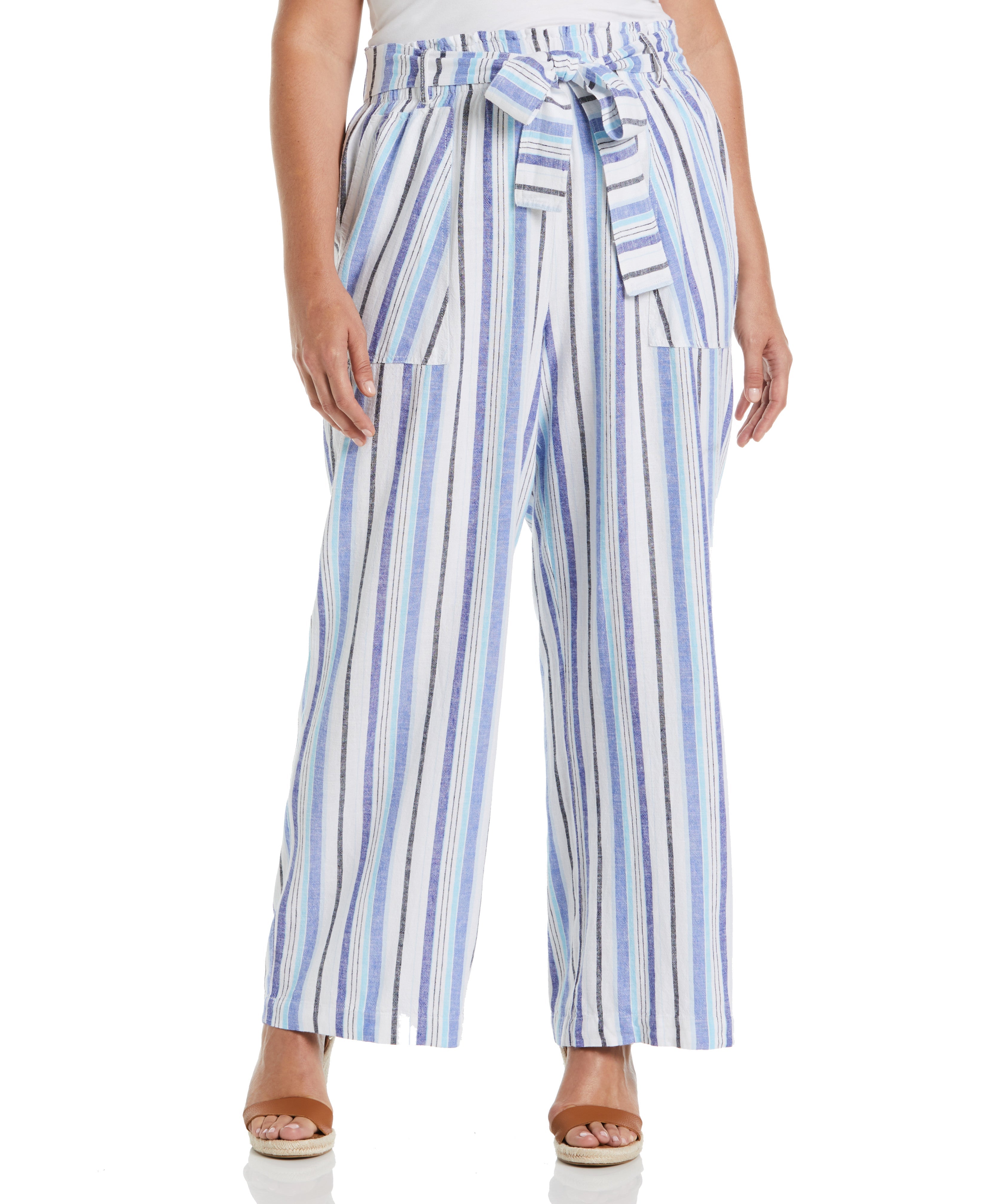 Plus Size Wide Leg Linen Blend Paper Bag Pants - Striped High Waisted Trousers for Women, Comfortable Office Wear & Summer Casual Outfits