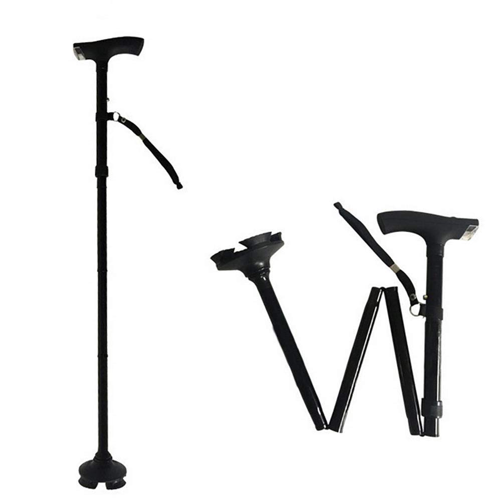 Foldable LED Walking Cane with Pivoting Quad Base - Adjustable Height Lightweight Cane for Men & Women - Ideal for Night Walking, Hiking & Elderly Support