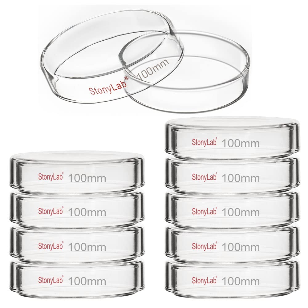 Stonylab 10-Pack Glass Petri Dishes (100x20mm) - Autoclavable Borosilicate Glass Cell Culture Dishes with Clear Lid for Laboratory Use - Ideal for Microbiology, Bacteria Culturing & Science Experiments