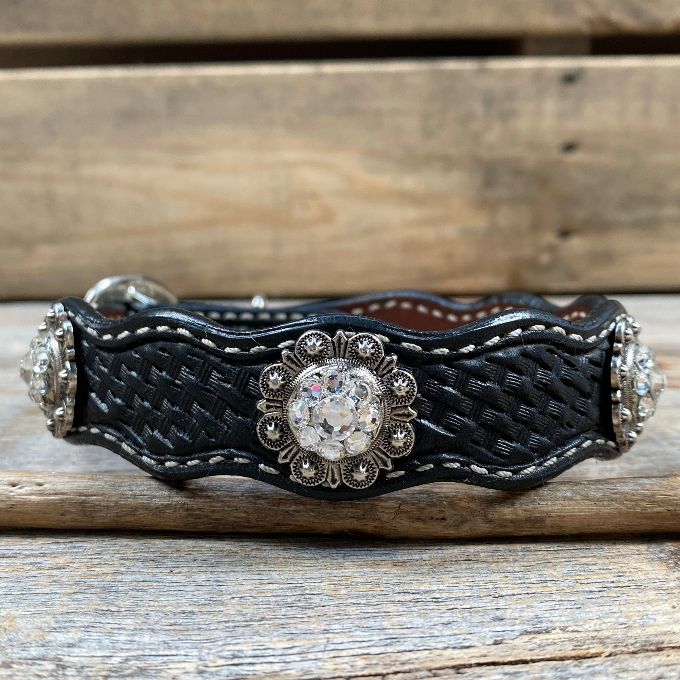 Premium Genuine Leather Dog Collar with Antique Silver Conchos - Adjustable 10 to 22 Inches (DC44) - Perfect for Training, Walks & Outdoor Adventures