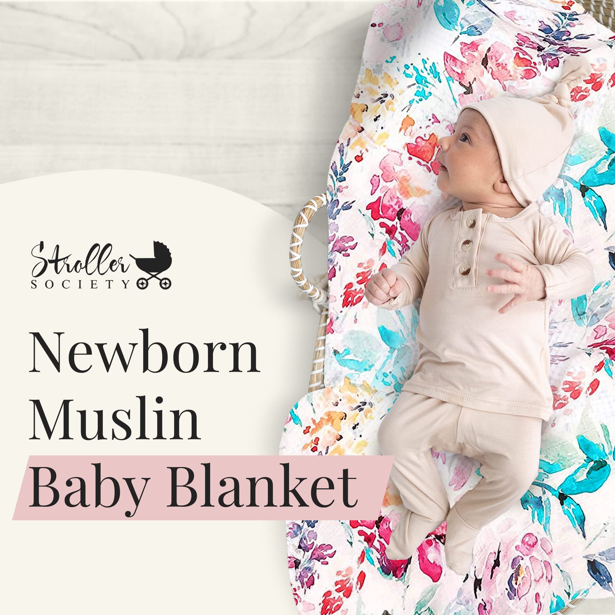 Organic Bamboo & Cotton Baby Blanket - Soft Floral Swaddle Blanket for Newborn Girls, 47