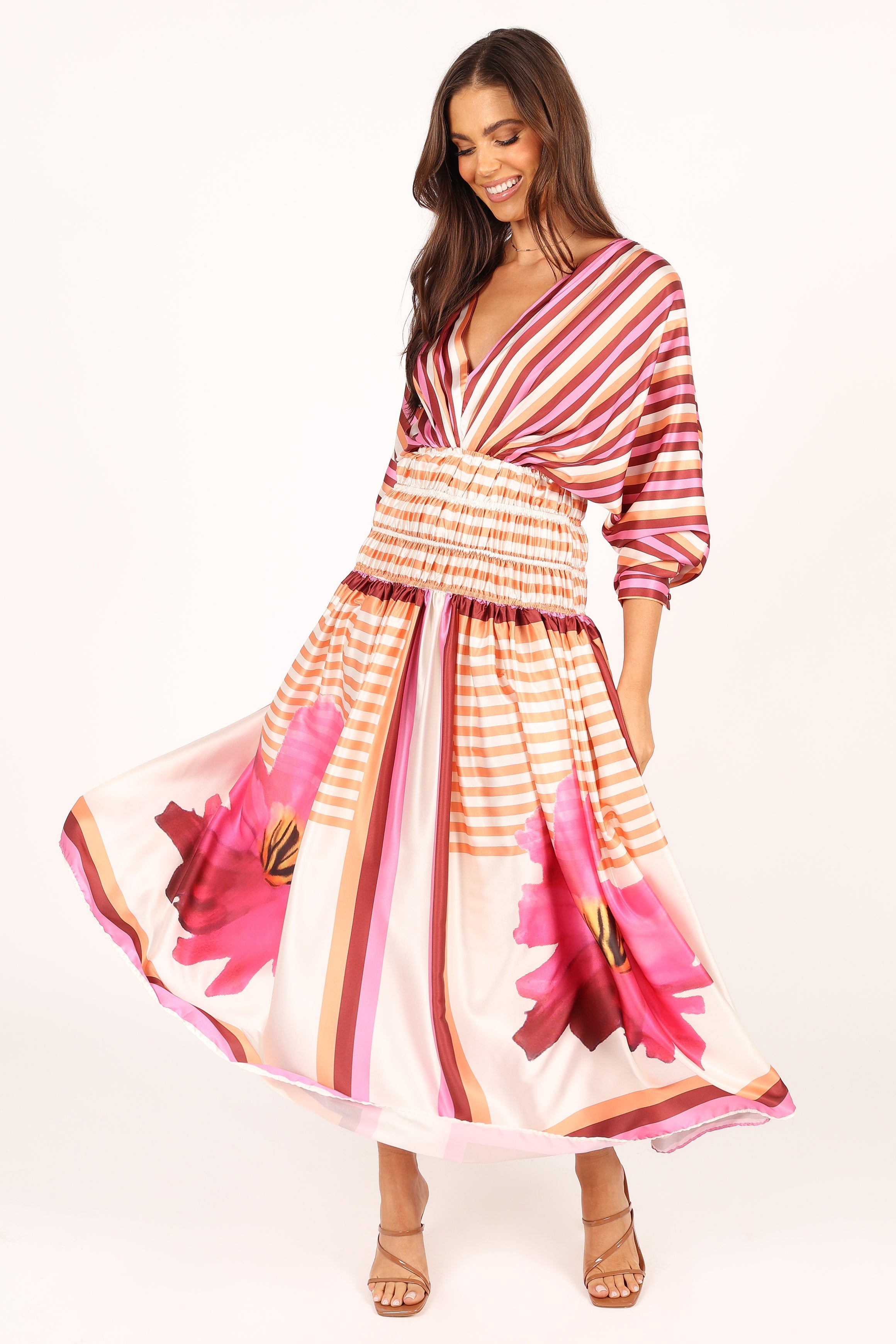 Emilia Women's Long Sleeve Maxi Dress - Pink Striped Floral Print Boho Chic Flowy Dress for Casual, Beach, Wedding & Special Occasions
