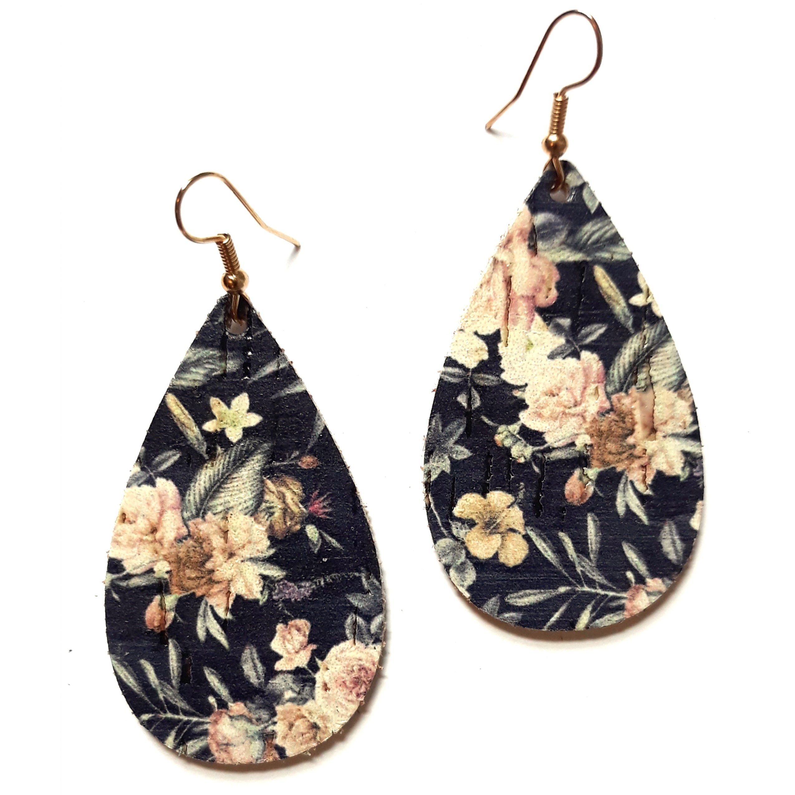 Handmade Navy Blue Floral Teardrop Cork Earrings - Lightweight & Hypoallergenic for Women | Perfect for Weddings, Parties & Everyday Wear