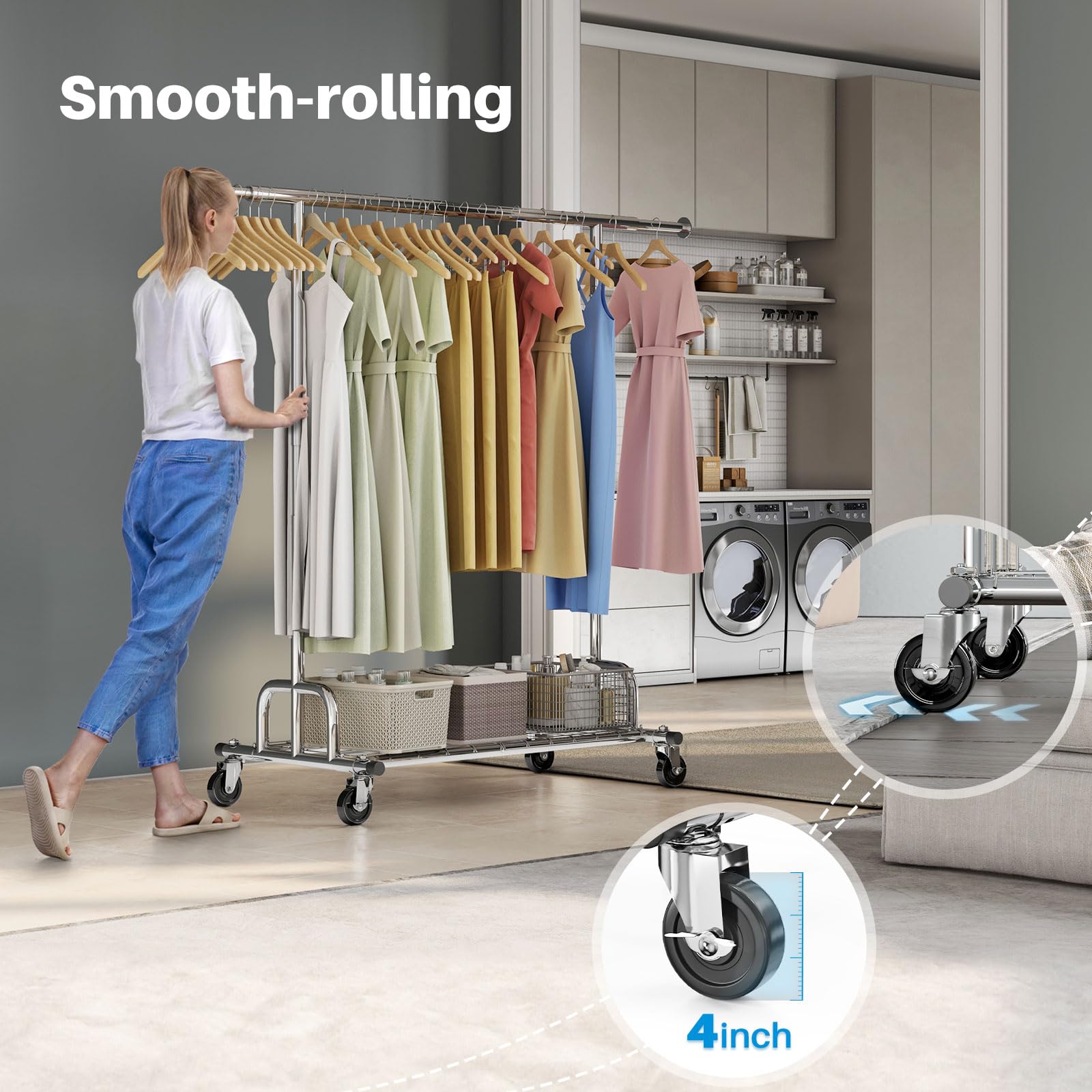 HOKEEPER Heavy Duty Rolling Garment Rack - 525LBS Capacity, Collapsible Commercial Clothing Rack with Wheels for Hanging Clothes | Perfect for Retail Stores, Boutiques, Closets & Laundry Rooms