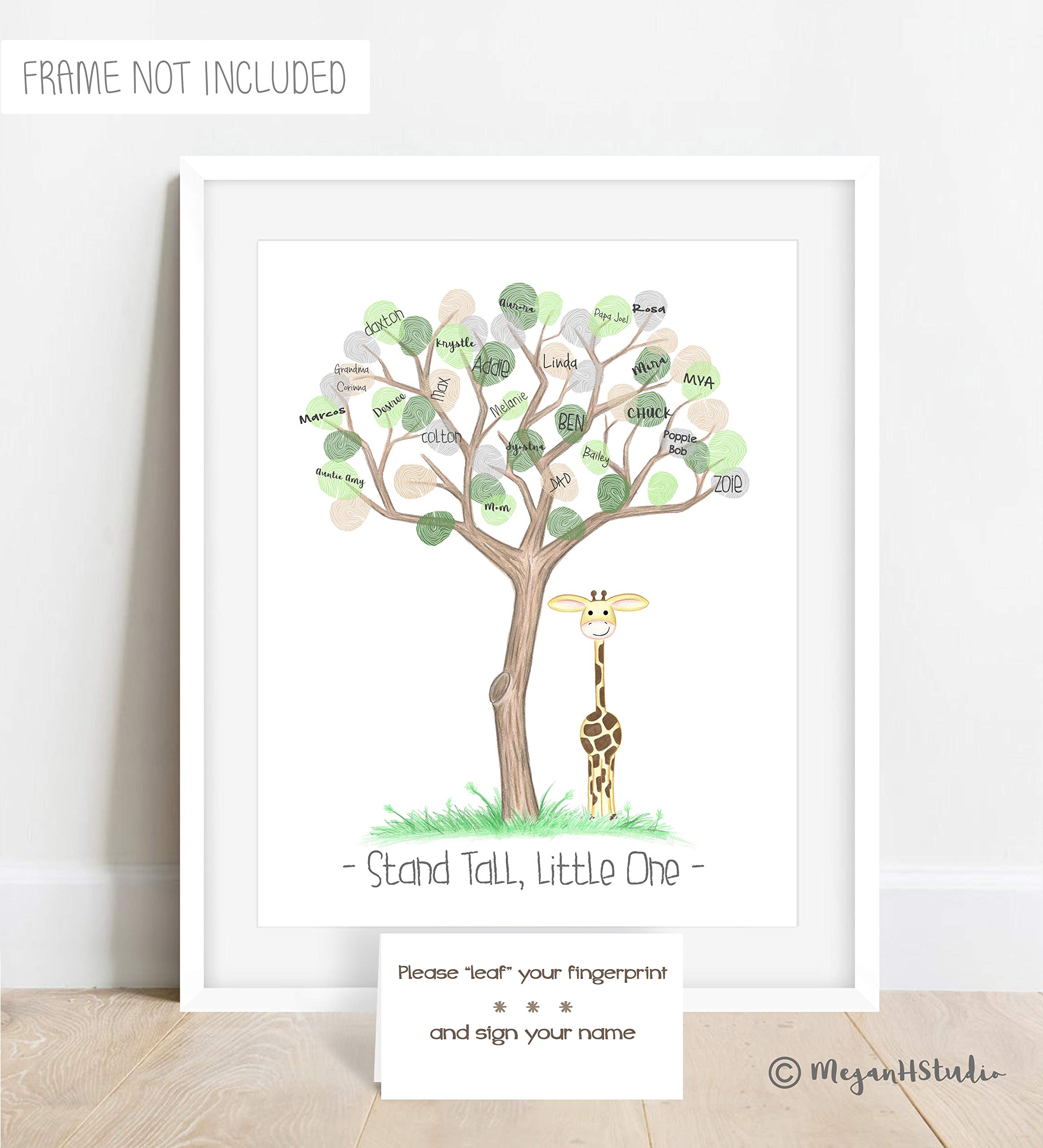Personalized Gender Neutral Giraffe Fingerprint Tree - Custom Thumbprint Family Tree Art for Nursery Decor - Perfect Baby Shower Gift & Unique Wall Art for Kids' Rooms