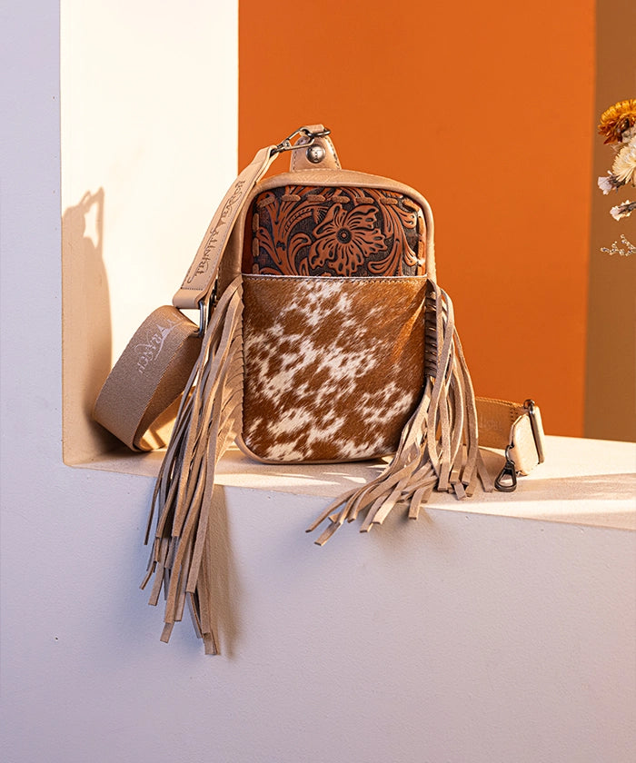 Genuine Hair-On Cowhide Fringe Sling Bag - Hand-Tooled Leather Crossbody Purse for Women | Western Boho Fashion Accessory | Perfect for Concerts, Festivals & Everyday Use