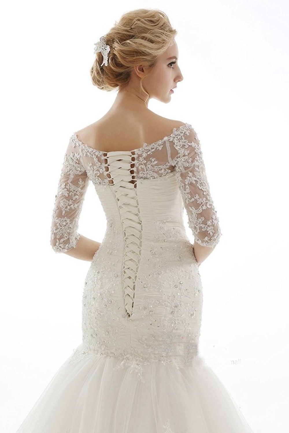 Sarahbridal Women's Mermaid Lace Tulle Beaded Wedding Dress with Long Chapel Train - Elegant Bridal Gown for Beach, Church, and Formal Weddings