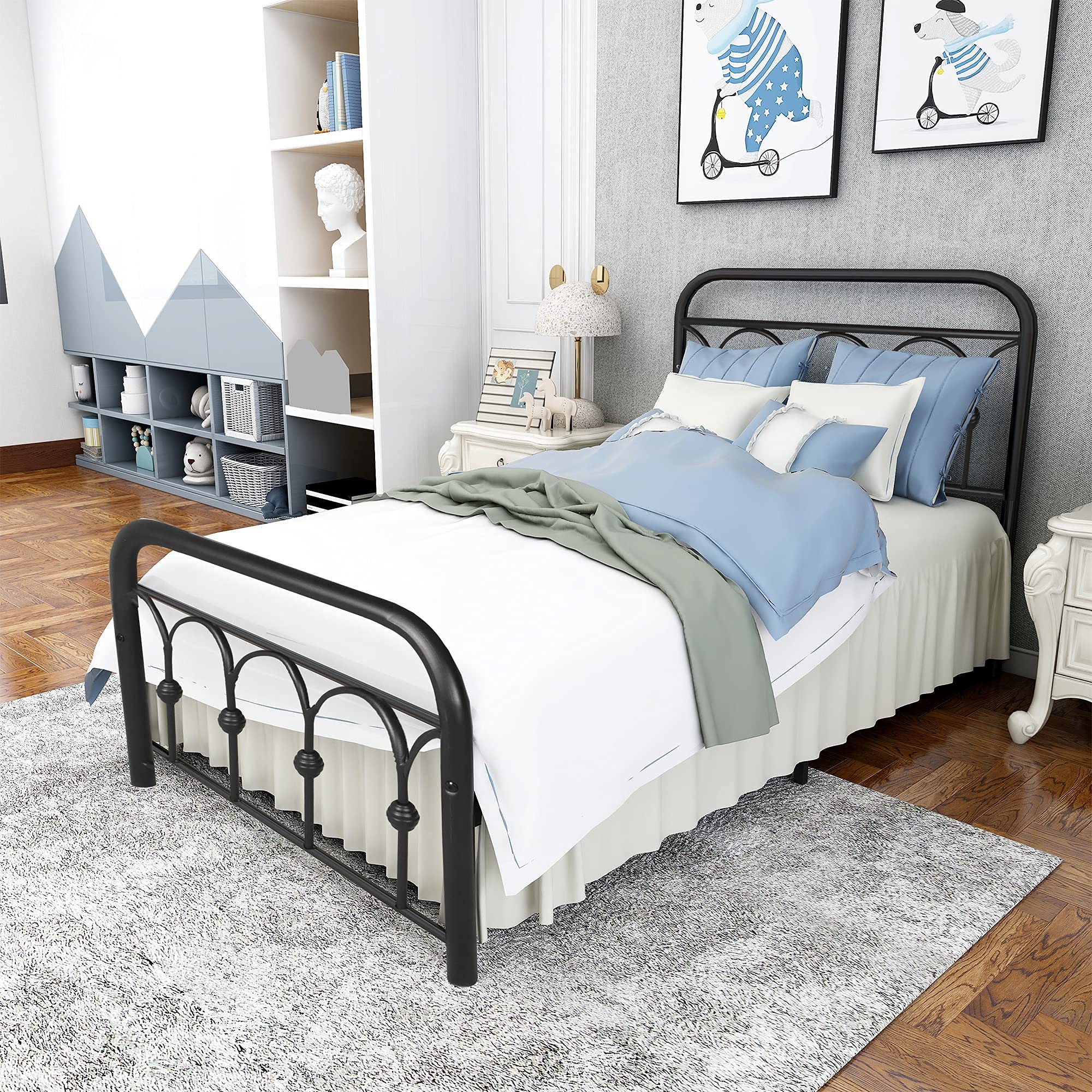 Albearing Twin Size Metal Bed Frame with Headboard and Footboard - Sturdy Steel Slat Support Platform - Black Twin Bed Frame for Kids, Teens & Guest Rooms - Easy Assembly & Space-Saving Design