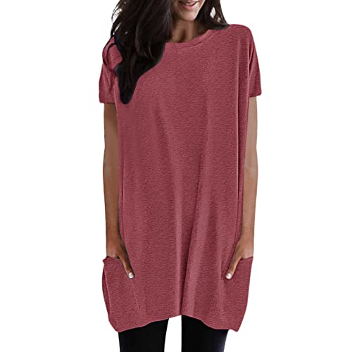Trendy Women's Casual Tunic Tops - Short Sleeve Loose Henley Blouses with Flowy Button Up Design | Perfect for Yoga, Running Errands & Weekend Outfits | Hot Pink