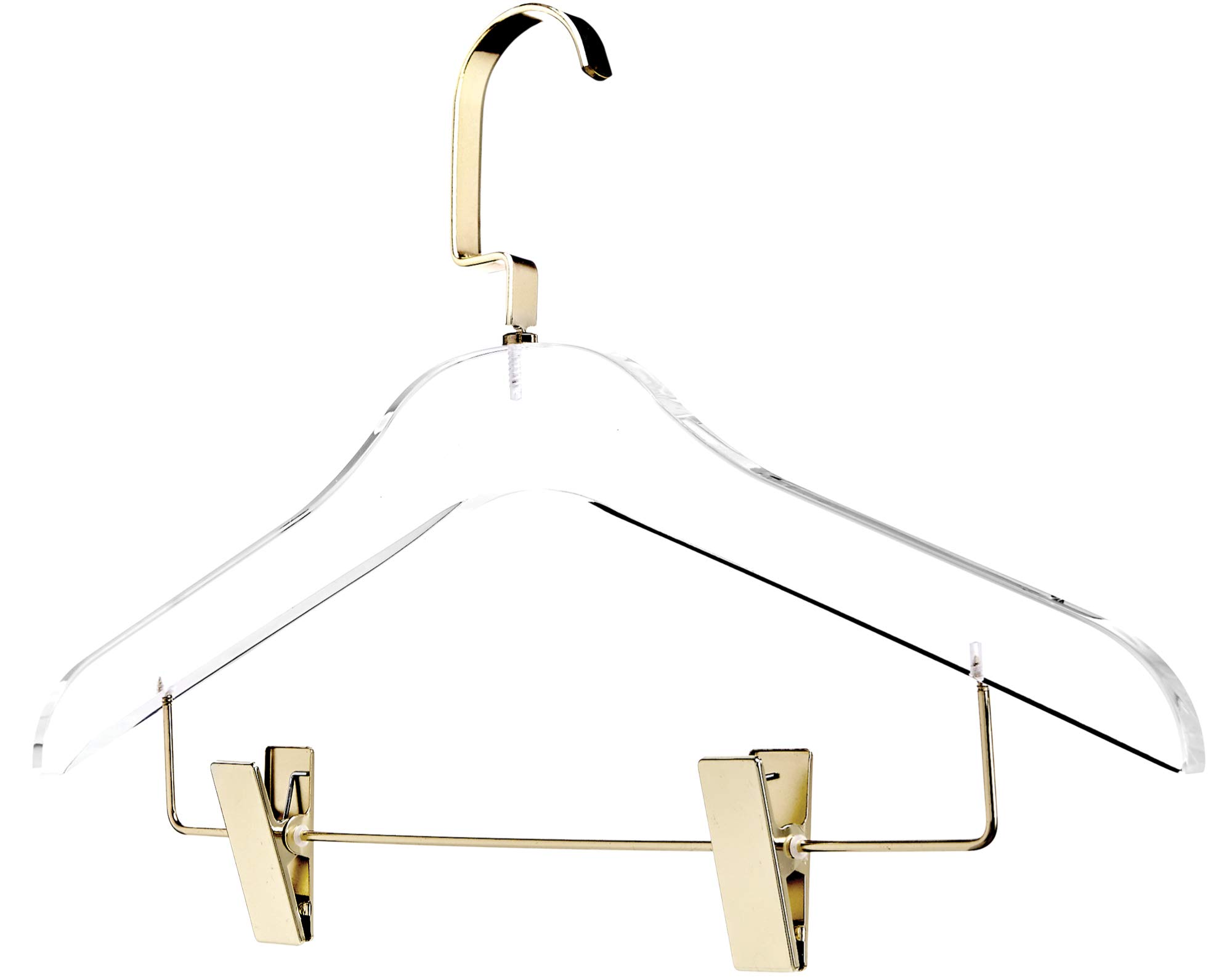 Clear Acrylic Skirt Hangers - 10 Pack Heavy Duty 0.5 Inch Thick Non-Slip Closet Organizers with Gold Chrome Plated Hooks & Clips - Premium Clothing Hangers for Skirts, Pants, Dresses - Perfect for Wardrobe Organization & Retail Display