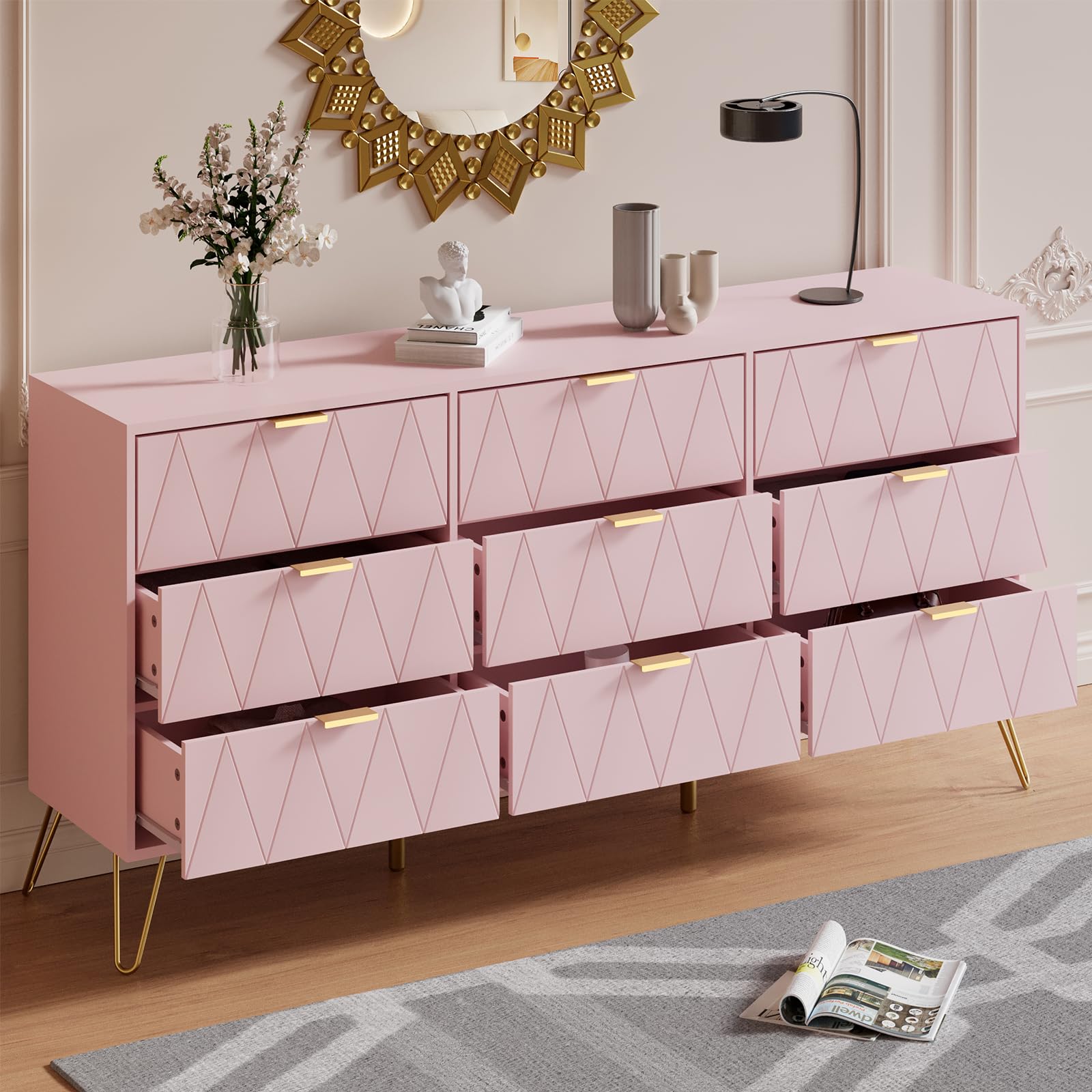 Anbuy 9-Drawer Dresser & 2-Nightstand Set - 3-Piece Bedroom Furniture Combo in Pink | Modern Storage Solution for Master Bedroom, Guest Room & Dorm Organization