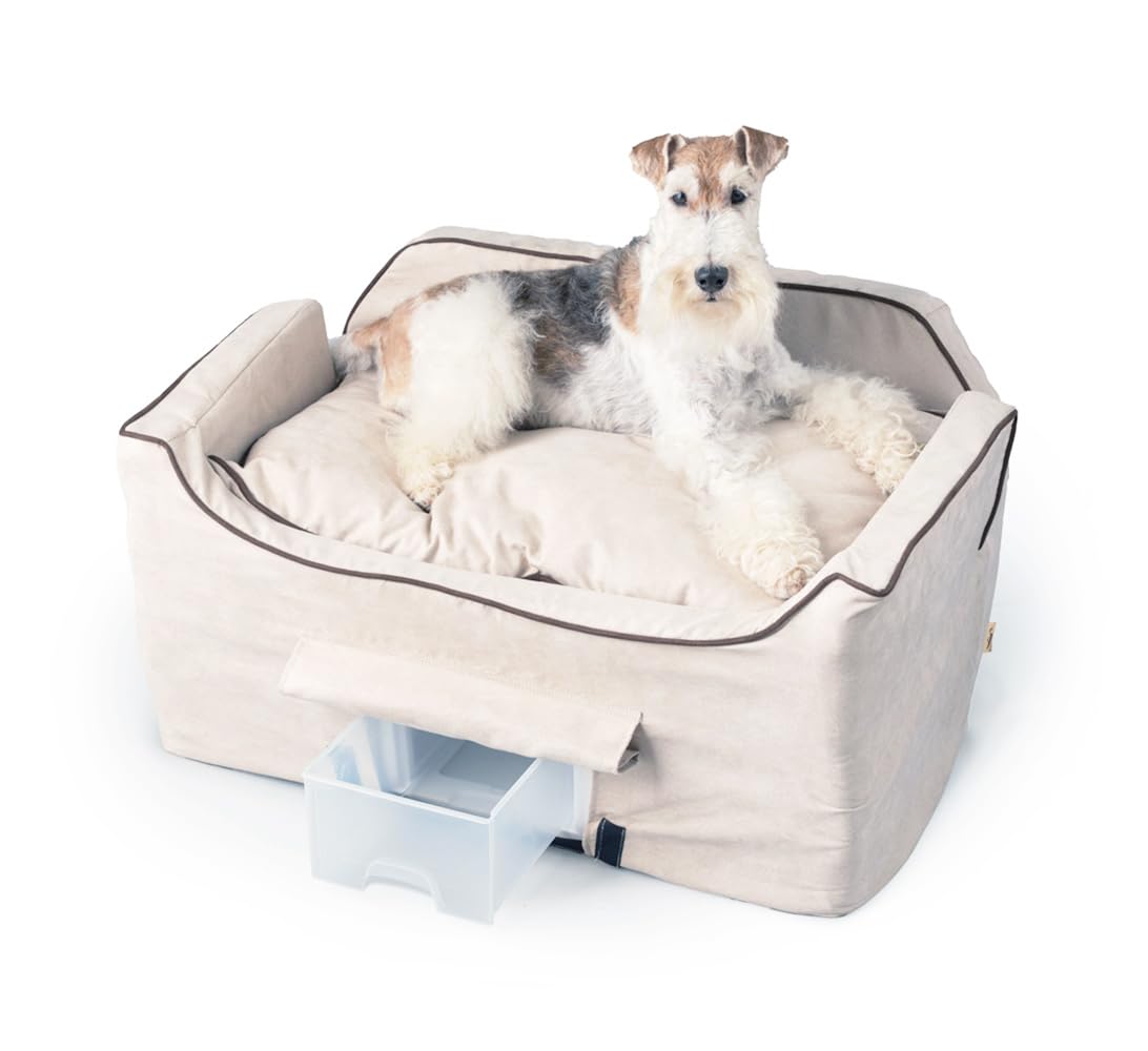 Snoozer Lookout II Dog Booster Car Seat for Medium Dogs - Pet Travel Safety with Storage Tray & Washable Buckskin Cover - Helps Prevent Car Sickness, Includes Harness Strap - Perfect for Road Trips, Vet Visits & Daily Commutes