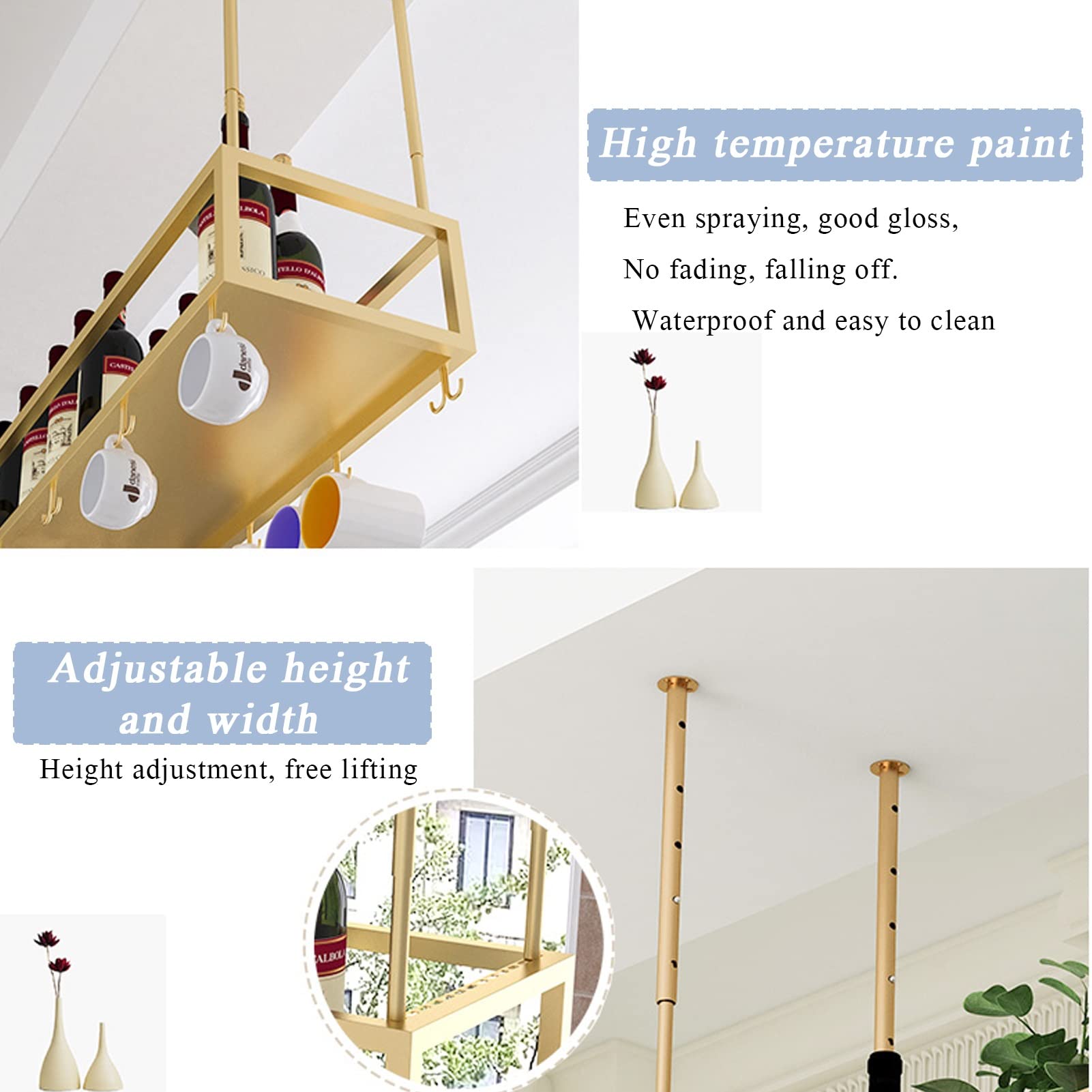 Premium Ceiling Hanging Wine Rack - Metal Under Cabinet Storage Shelf for Wine Bottles & Glass Goblets (80x25x21cm) - Perfect for Kitchen, Bar, Dining Room & Home Decor