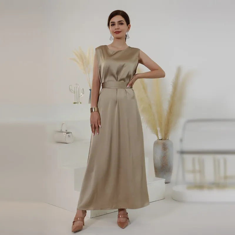 2-Piece Beaded Sleeve Satin Open Abaya Dress Set with Inner Sleeveless Dress - Elegant Muslim Women's Prayer Dress for Eid, Wedding & Special Occasions
