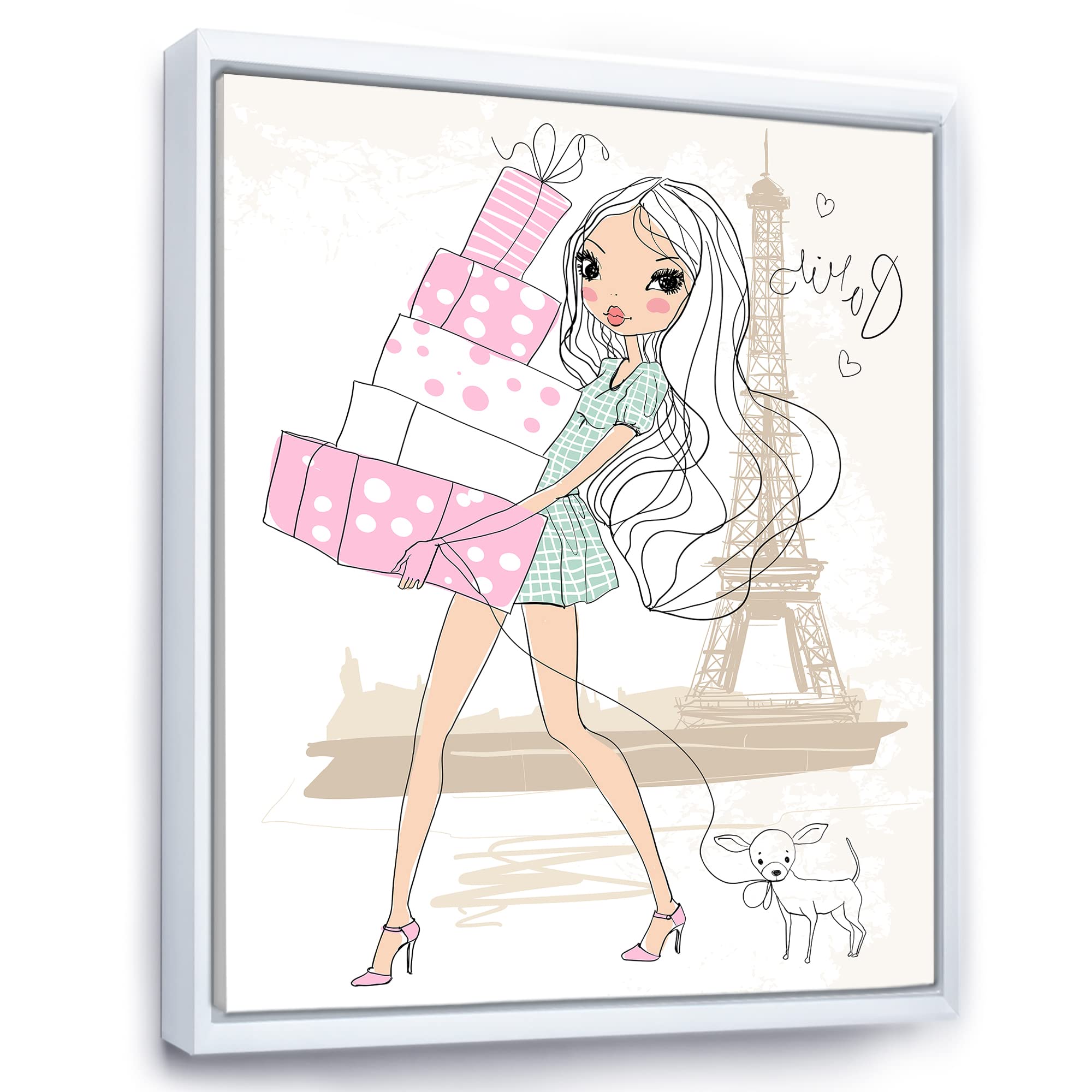 Shabby Chic Framed Canvas Wall Art Print - Young Girl with Shopping Boxes in Paris - Perfect for Girls' Bedroom, Nursery, or Boho Home Decor