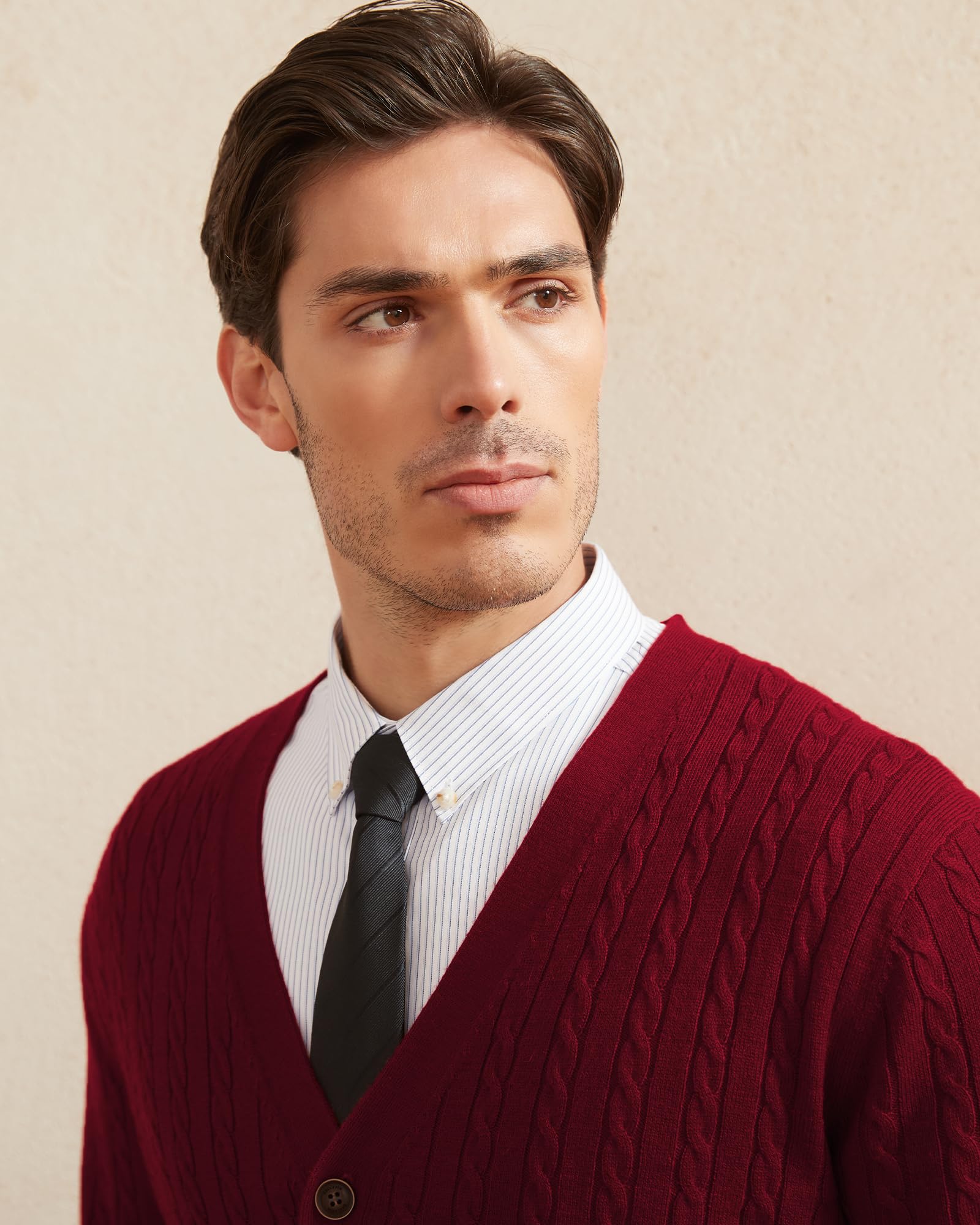 Kallspin Men's Wool Blend Cable Knit V-Neck Cardigan Sweater with Buttons & Pockets | Warm Winter Layering for Office, Casual Outfits & Date Nights