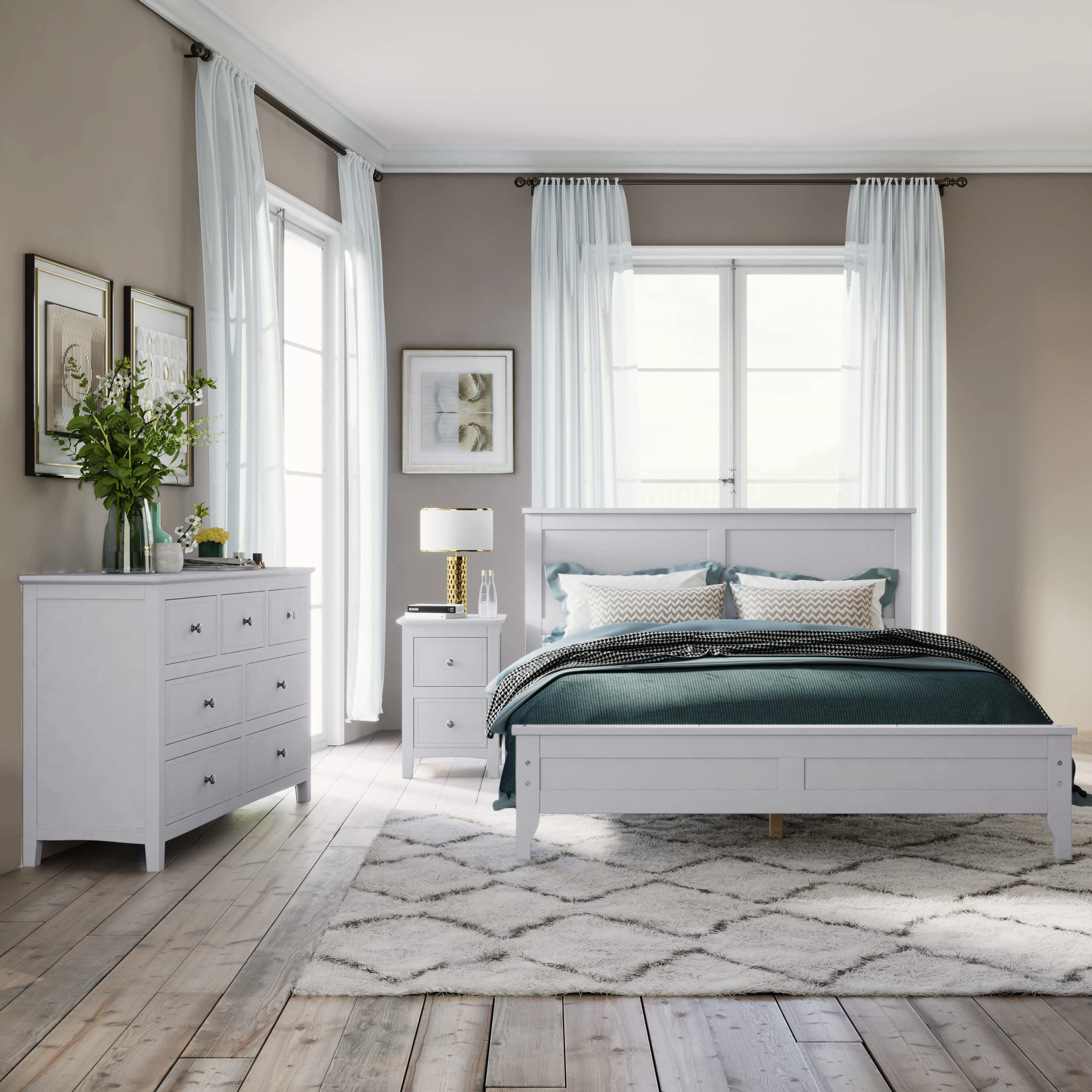Merax 3-Piece White Solid Wood Bedroom Furniture Set - Full Size Platform Bed, 7-Drawer Dresser & 2-Drawer Nightstand | Modern Bedroom Decor for Small Spaces & Guest Rooms