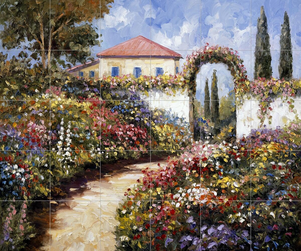 John Zaccheo Garden Walk Ceramic Backsplash Tile Mural - Handmade Landscape Art for Kitchen, Bathroom & Shower Walls - Perfect for Farmhouse, Cottage & Mediterranean Home Decor