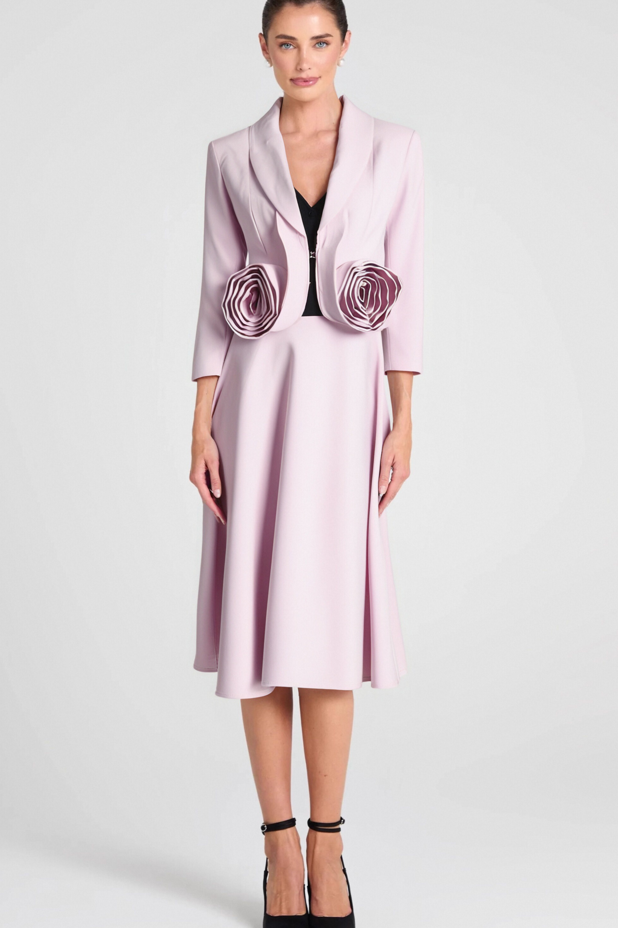 CAROL PINK 3D Floral Blazer & High Waist Midi Skirt Set for Women - Elegant Two Piece Outfit for Office, Wedding & Special Occasions