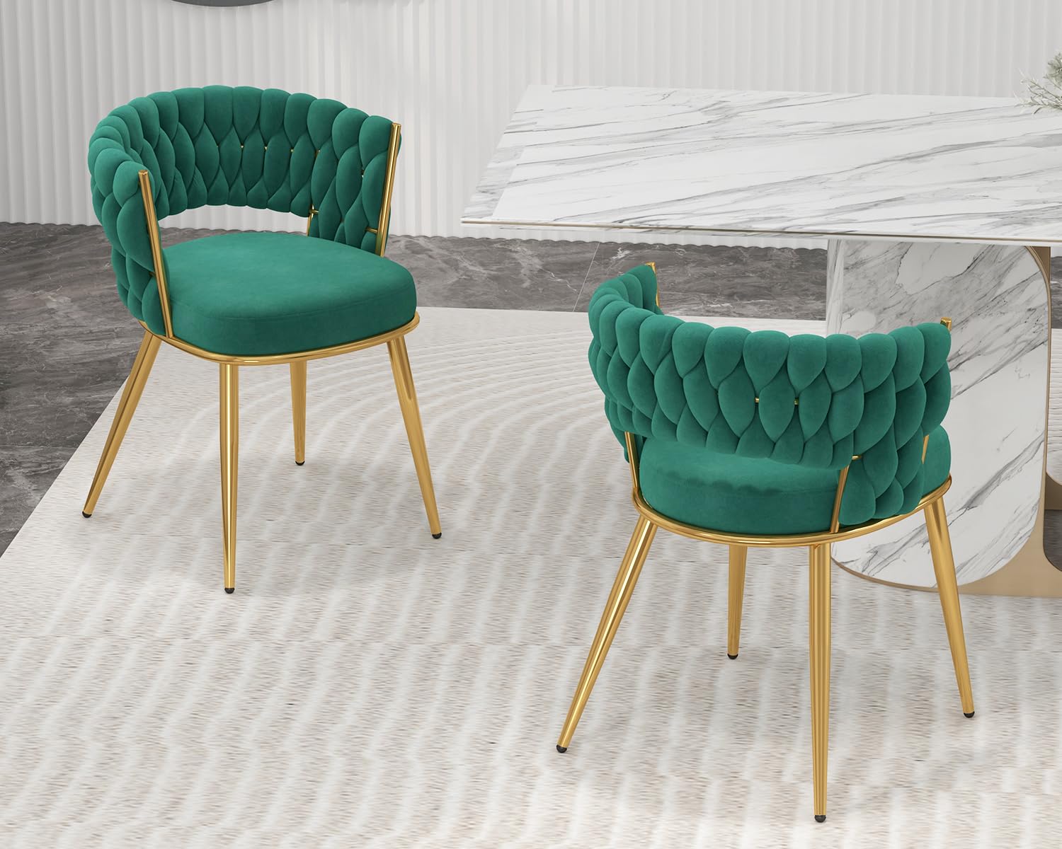 **KCC Velvet Dining Chairs Set of 2 - Modern Gold Upholstered Chairs with Metal Legs for Dining Room, Kitchen, Living Room & Vanity - Soft Woven Fabric, Elegant Green - Perfect for Home Decor, Entertaining & Small Spaces**