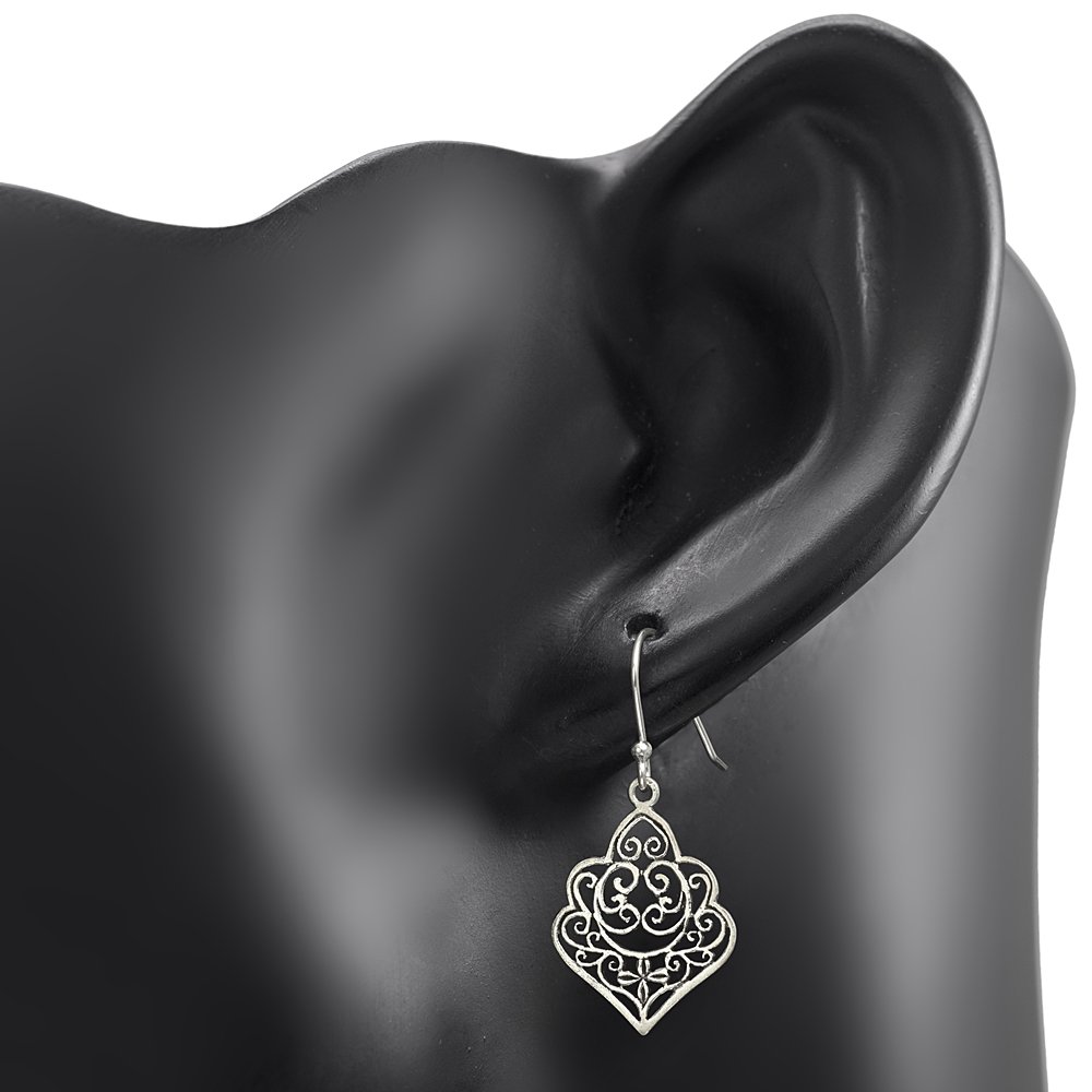 Oxidized Sterling Silver Open Filigree Indian Mandala Flower Dangle Hook Earrings 1.4