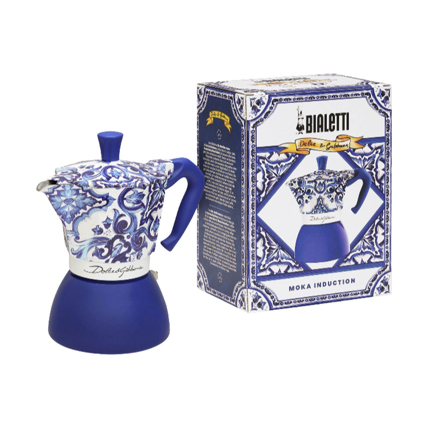 Bialetti Dolce & Gabbana Moka Induction 6 Cup Stovetop Espresso Maker, Mediterranean Blue - Perfect for Home Coffee Brewing & Italian Style Kitchen Decor