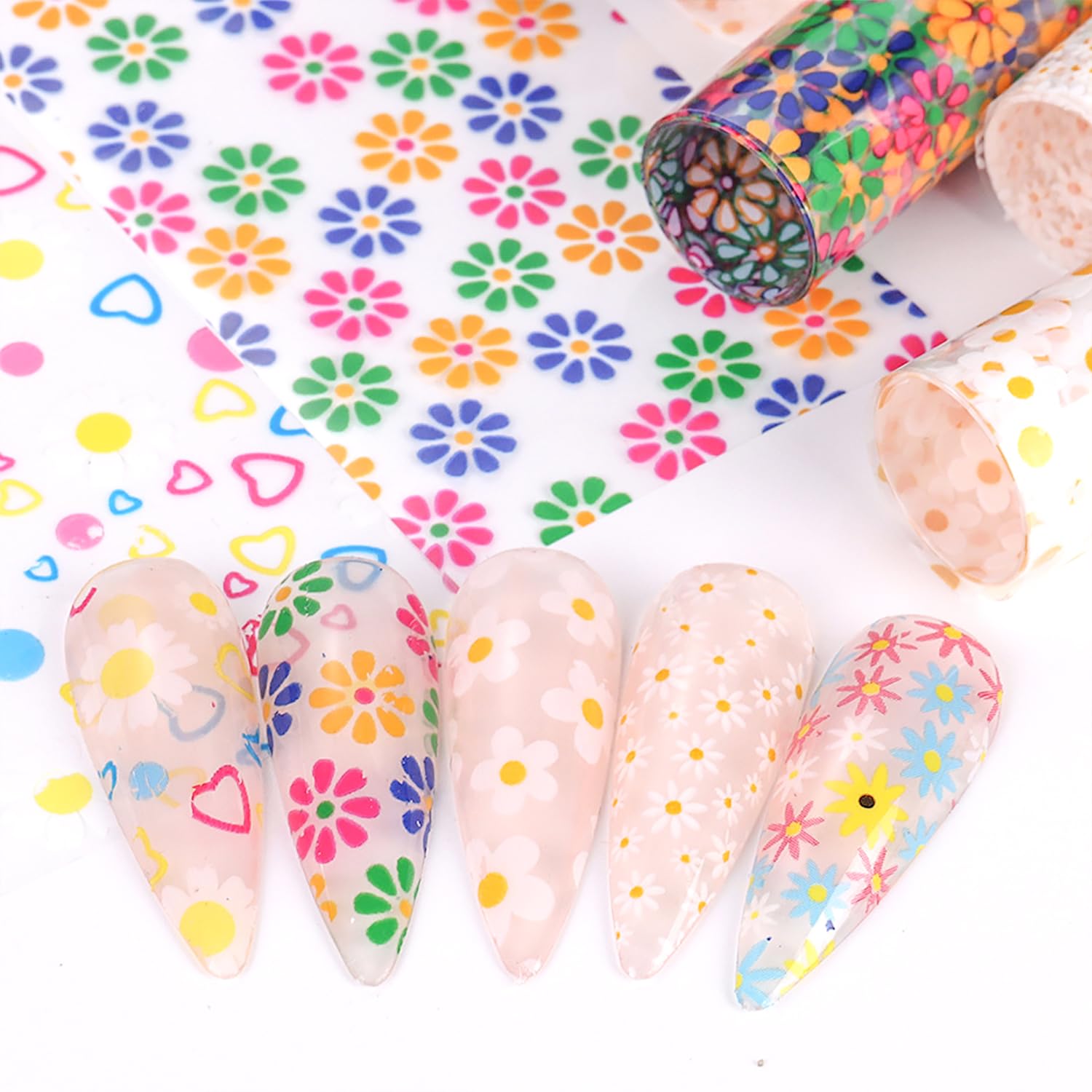 10 Rolls Holographic Daisy Nail Transfer Foil - Iridescent Nail Art Foil for Manicure Designs, 3D Nail Stickers for Women (Flower & Holographic Patterns) - Perfect for DIY Nail Art, Salon Use, and Special Occasions