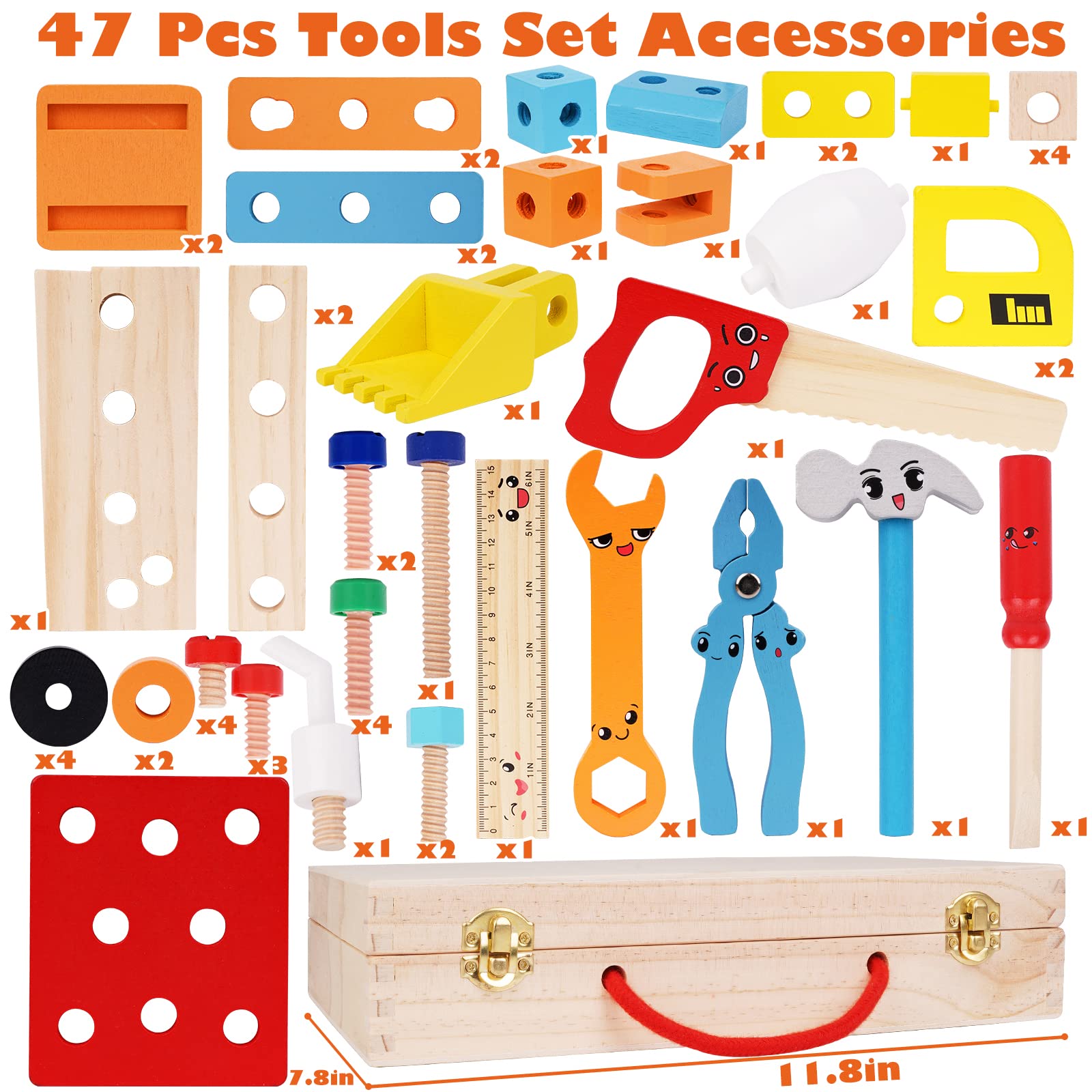 **Wooden Kids Tool Set - 47-Piece Educational DIY Construction STEM Toy with Tool Box for Toddlers Boys & Girls Ages 3-5+ | Perfect for Preschool Learning, Role Play & Gift Giving**