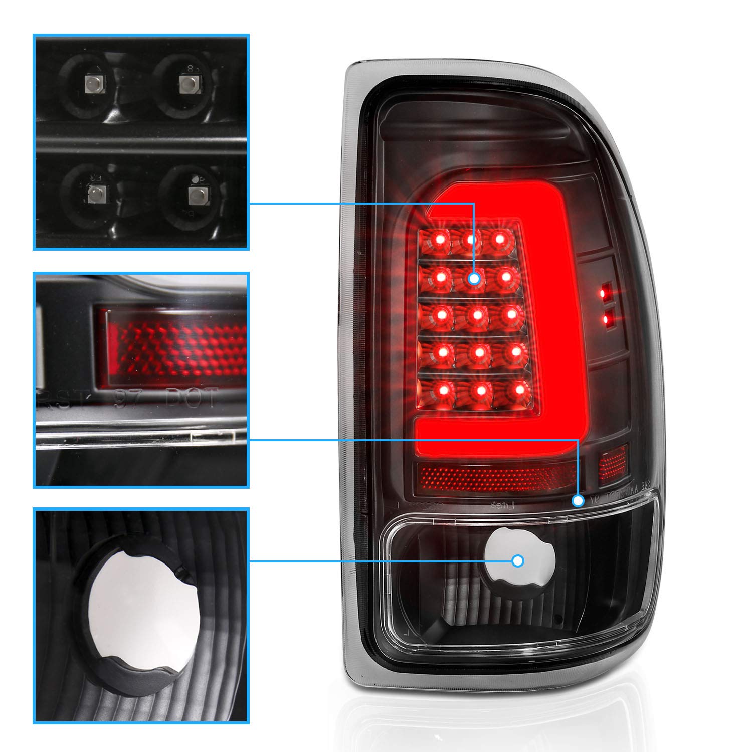 1997-2004 Dodge Dakota C-Type LED Tail Lights Brake Lamps Set - Black Halogen Replacement for Crew Cab (Passenger & Driver Side) | Durable Vehicle Light Assembly for Night Driving & Enhanced Safety