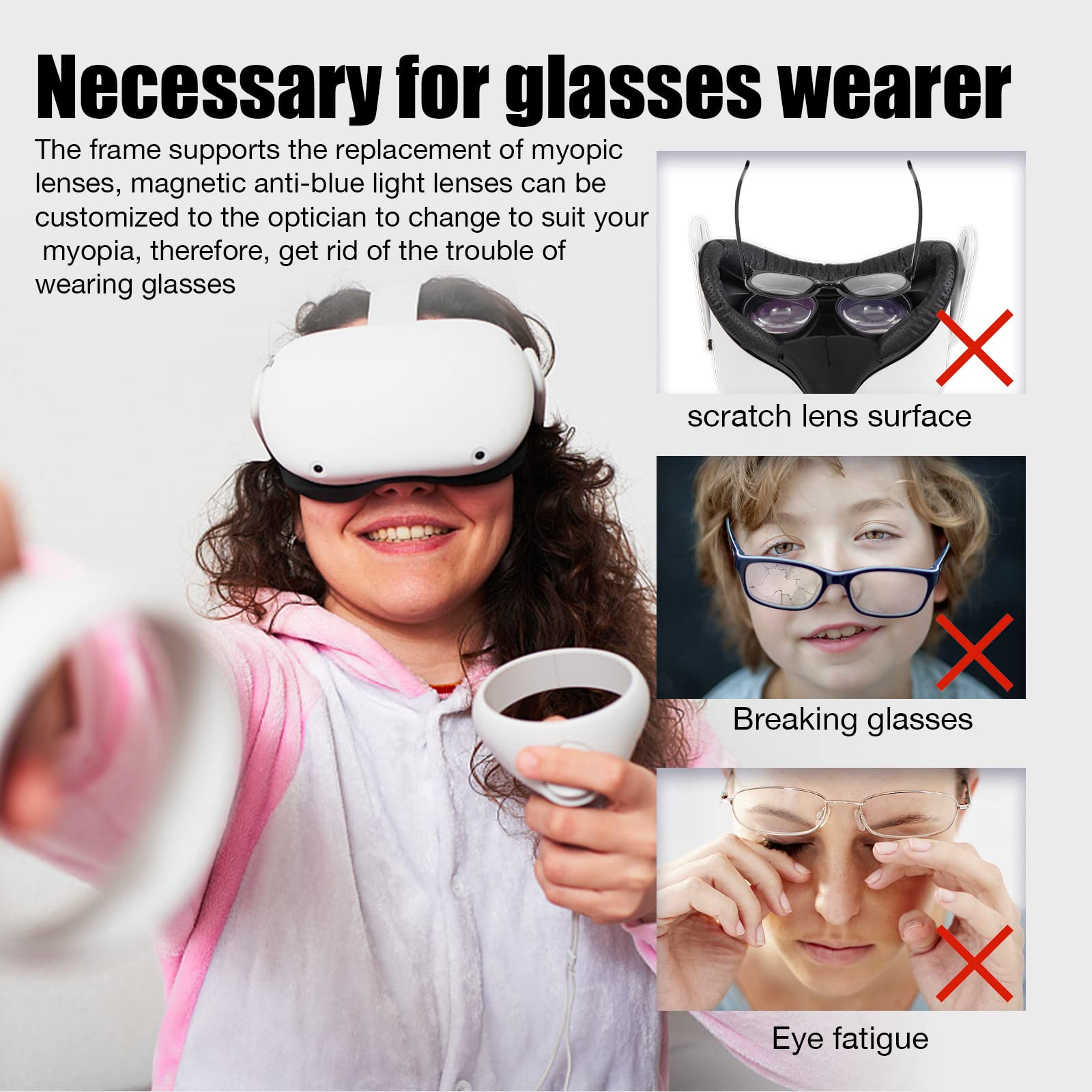 Anti-Blue Light VR Glasses for Oculus Quest 2 - Magnetic Alloy Frame & Blue Light Blocking Lenses - Interchangeable Lenses for Myopia Correction - Perfect for Gaming, Streaming & Extended VR Sessions