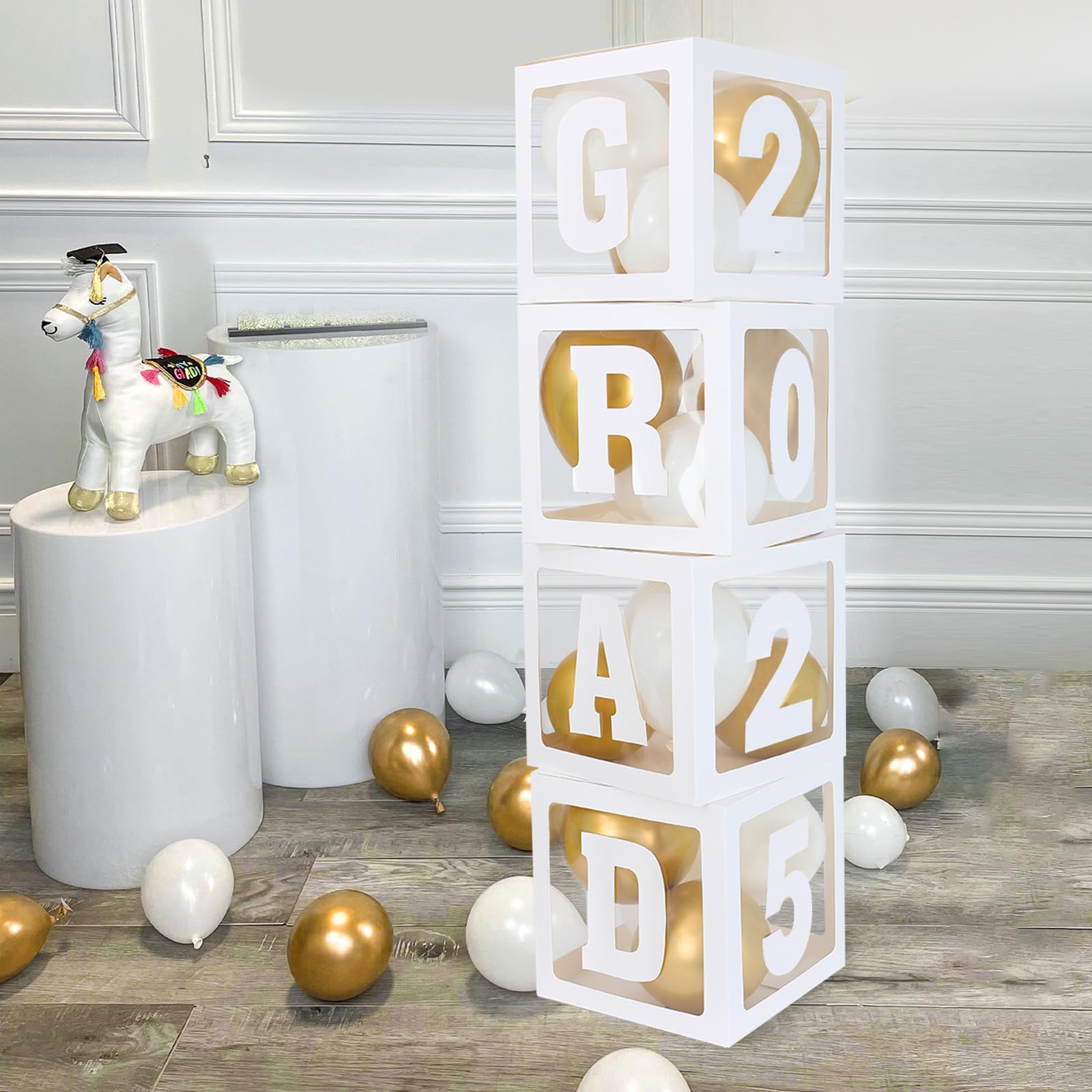 2025 Graduation Party Decorations - 4pcs White Balloon Boxes with GRAD Letters for Preschool, Kindergarten, High School & College Graduation Celebrations - Perfect for Graduation Ceremonies, Photo Backdrops & Party Decor