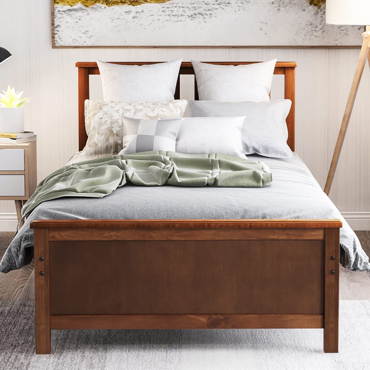 Merax Twin Bed Frame with Headboard & Footboard - Solid Wood Platform Bed for Kids & Adults, No Box Spring Needed - Walnut Finish | Perfect for Kids' Rooms, Guest Rooms & Small Spaces